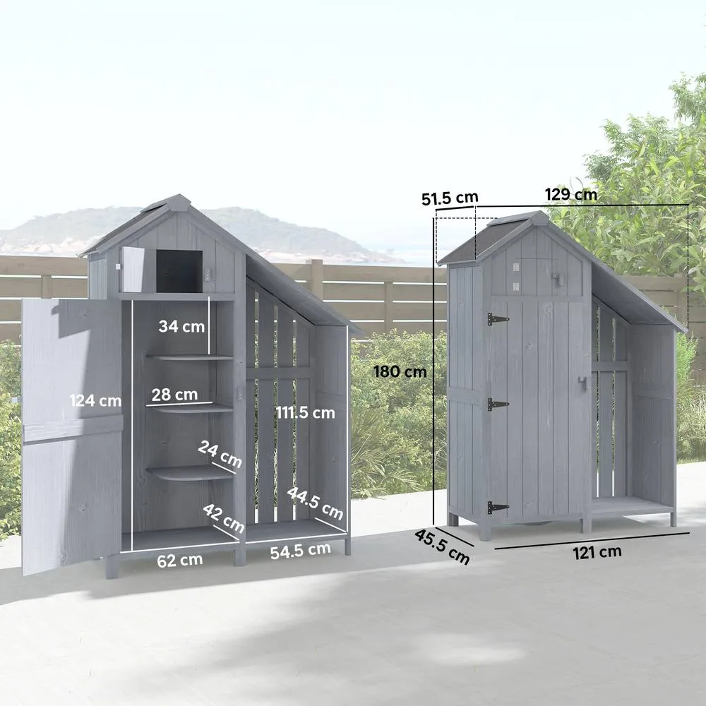 OUTSUNNY Fir Garden Storage Shed With Shelves Log Rack, For Garden Tools in Grey 3