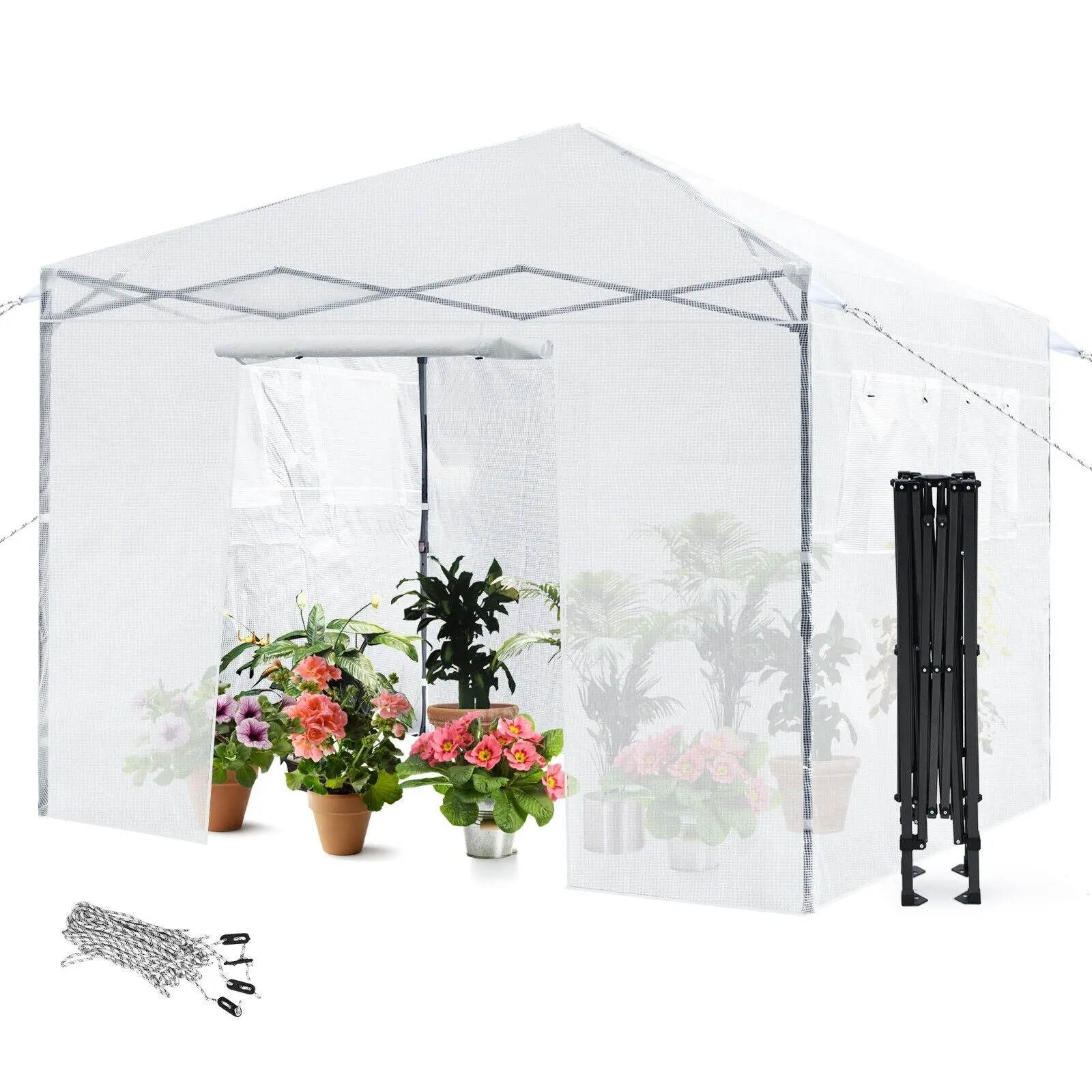 Costway Portable Garden Greenhouse Walk-in Gardening Greenhouse Roll-up Door 4 Windows in White 3