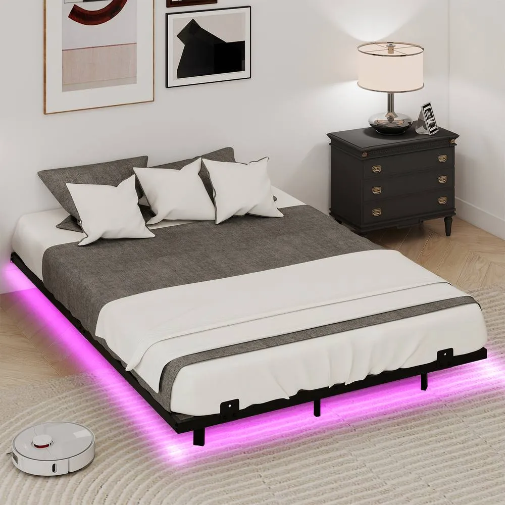 Costway Double Size Floating Bed Frame w/ LED Lights Modern Metal Platform Bed in Black 4