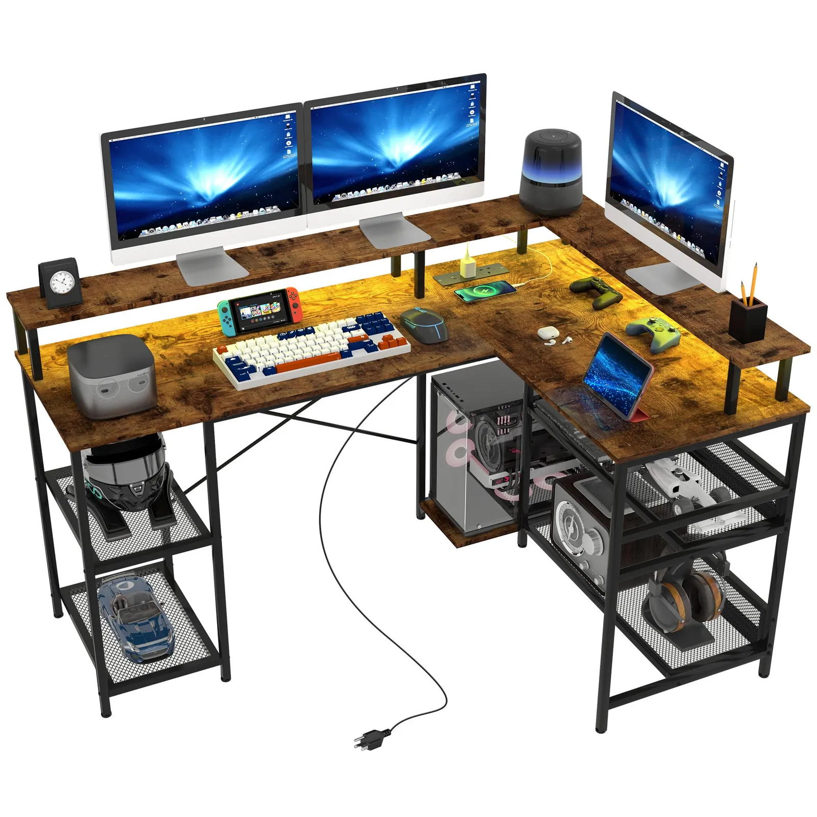 HOMCOM L Shaped Gaming Desk w/ LED Lights & Power Outlets for Small Space in Brown 2
