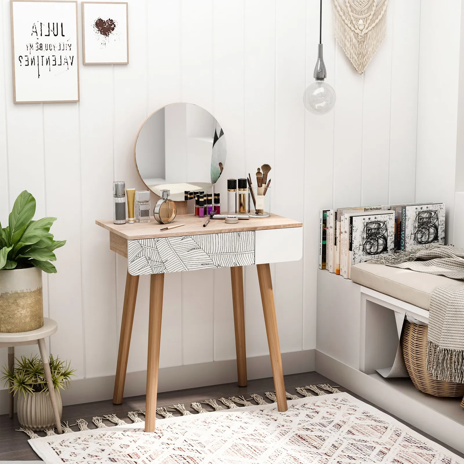 HOMCOM Wooden Compact Dressing Table Drawer Mirror 4 Legs Table Top Bedroom in Light Brown