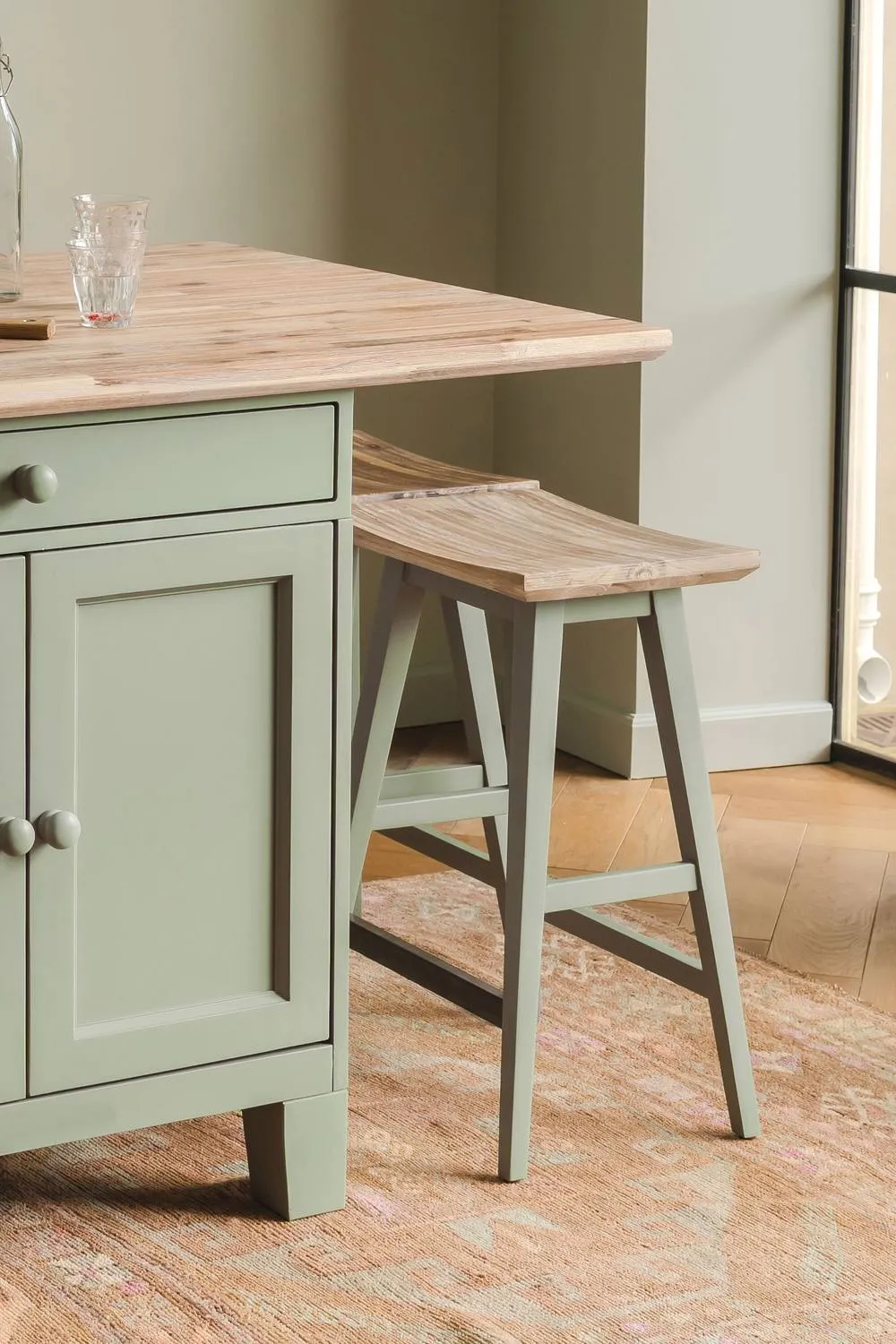 Statement Furniture Florence Bar Stool, Acacia Hardwood Rectangular Seat in Light Green 2