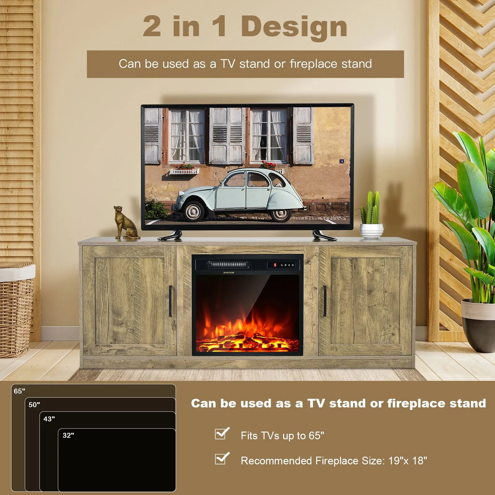 Costway Wooden TV Stand Entertainment Console Center With Storage Cabinets for 65 Inch TV in Natural 3