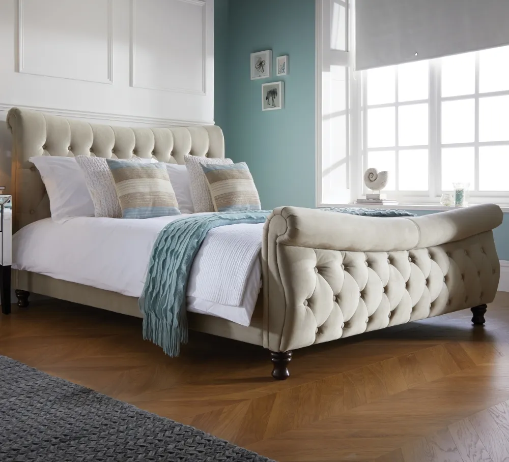 Copenhagen Warm Stone Fabric Scroll Sleigh Bed - 6ft Super King Size