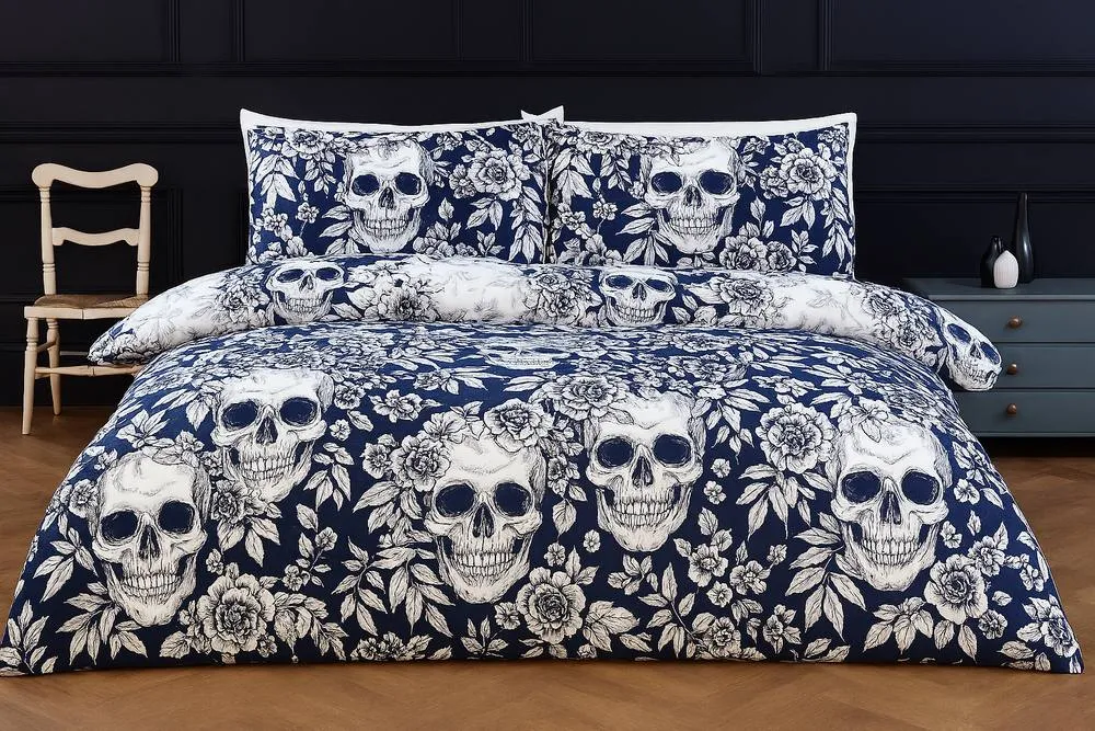 Rapport Home Skulls Microfibre Duvet Set with Pillowcase in Blue