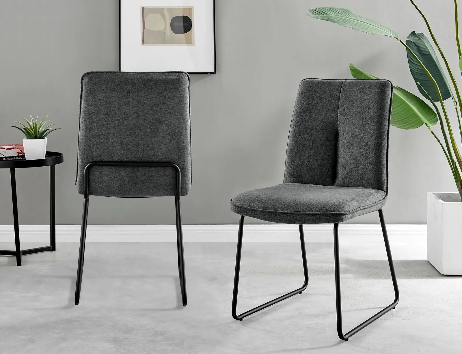 FurnitureboxUK Set of 2 Modern Chic Deep Padded Soft & Durable Stitched Fabric & Black Powder Coated Metal Leg Dining Chairs in Dark Grey 2