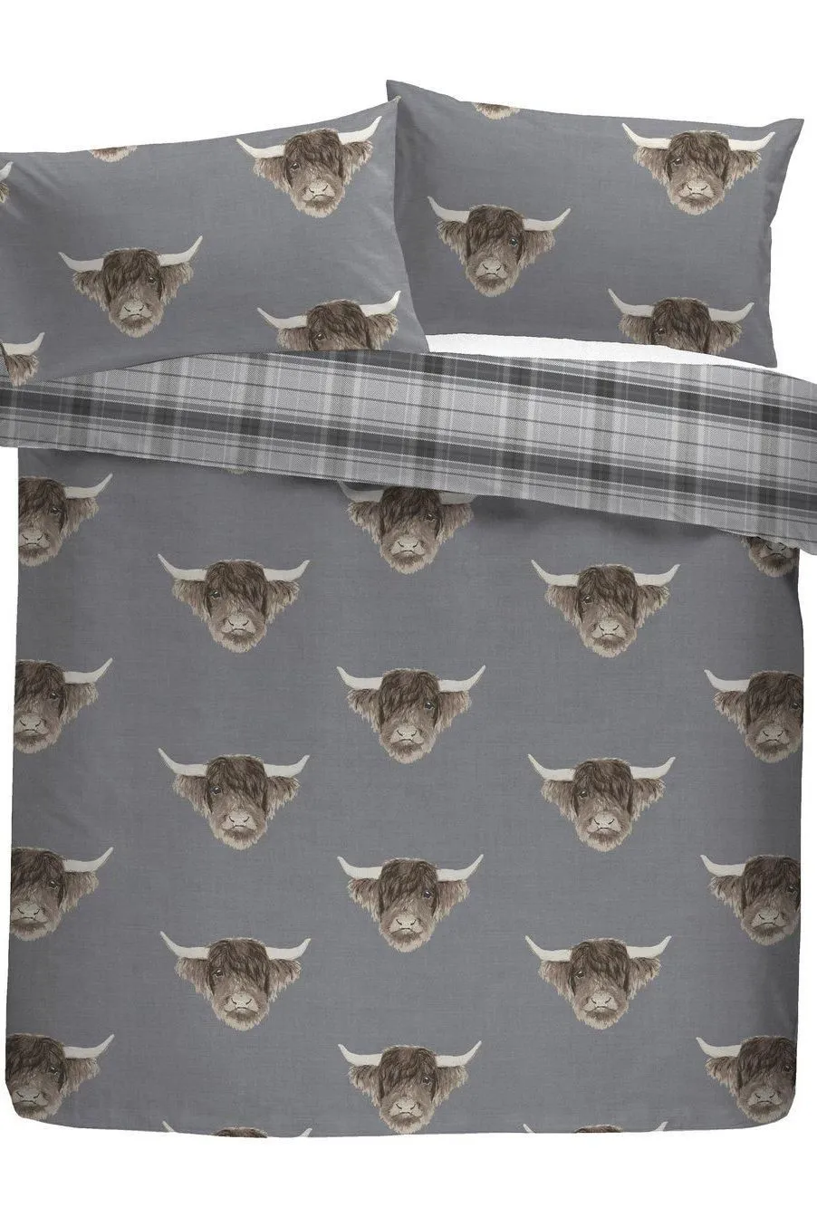 Fusion 'Highland Cow' Print With Tartan Reverse Duvet Cover Set in Grey 5