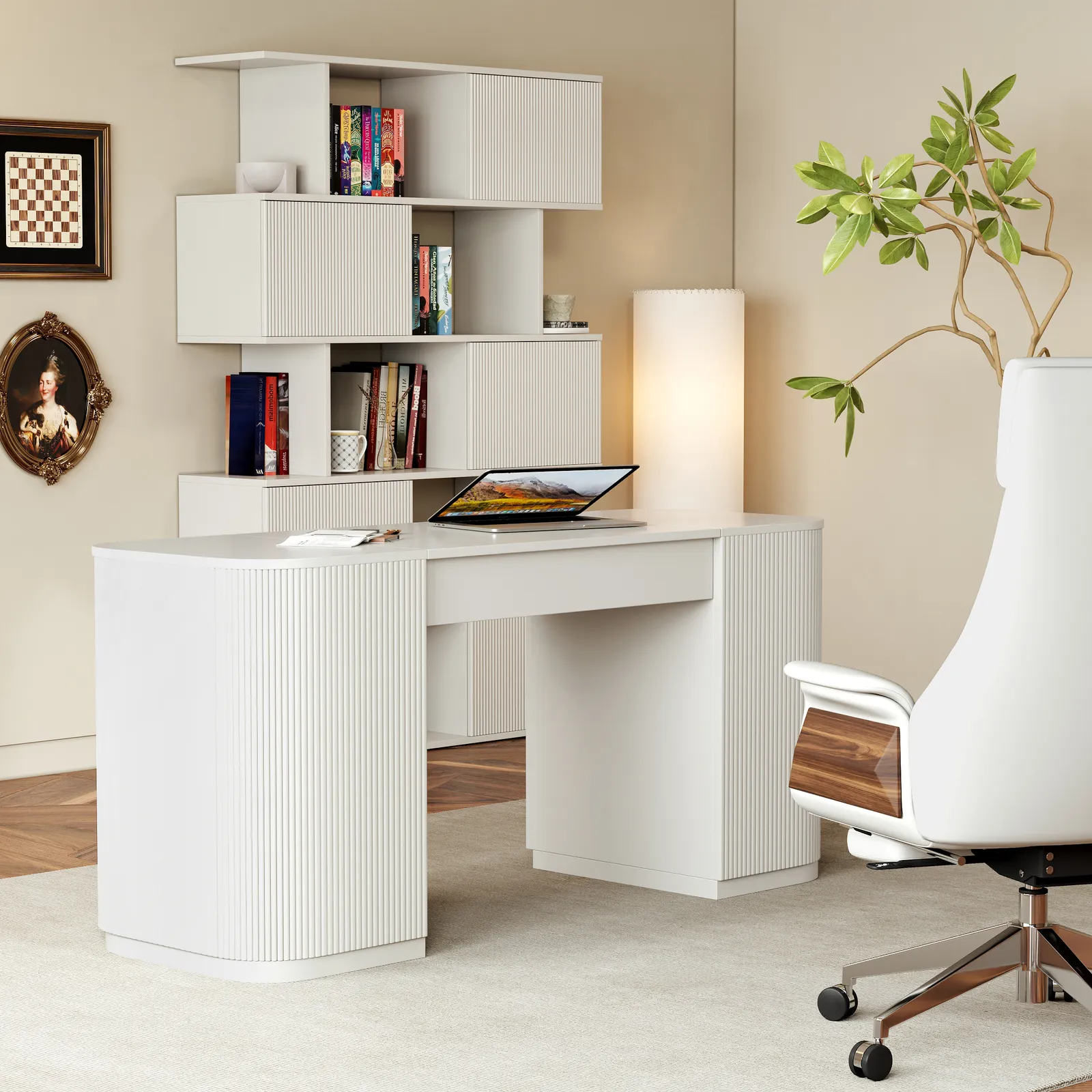 Modern 60" White Standing Office Desk & Sliding Door Etagere Bookshelf