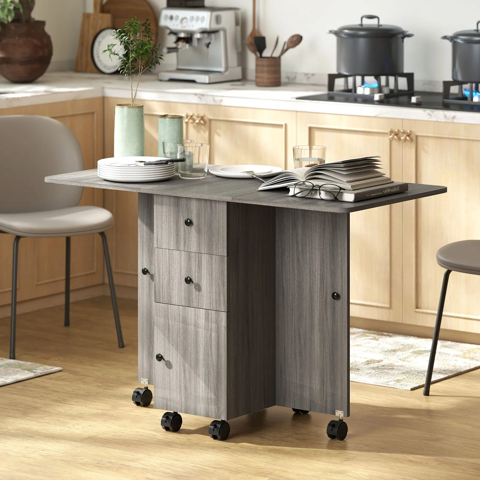HOMCOM Folding Dining Table, Drop Leaf Table With Storage Drawers in Grey 1