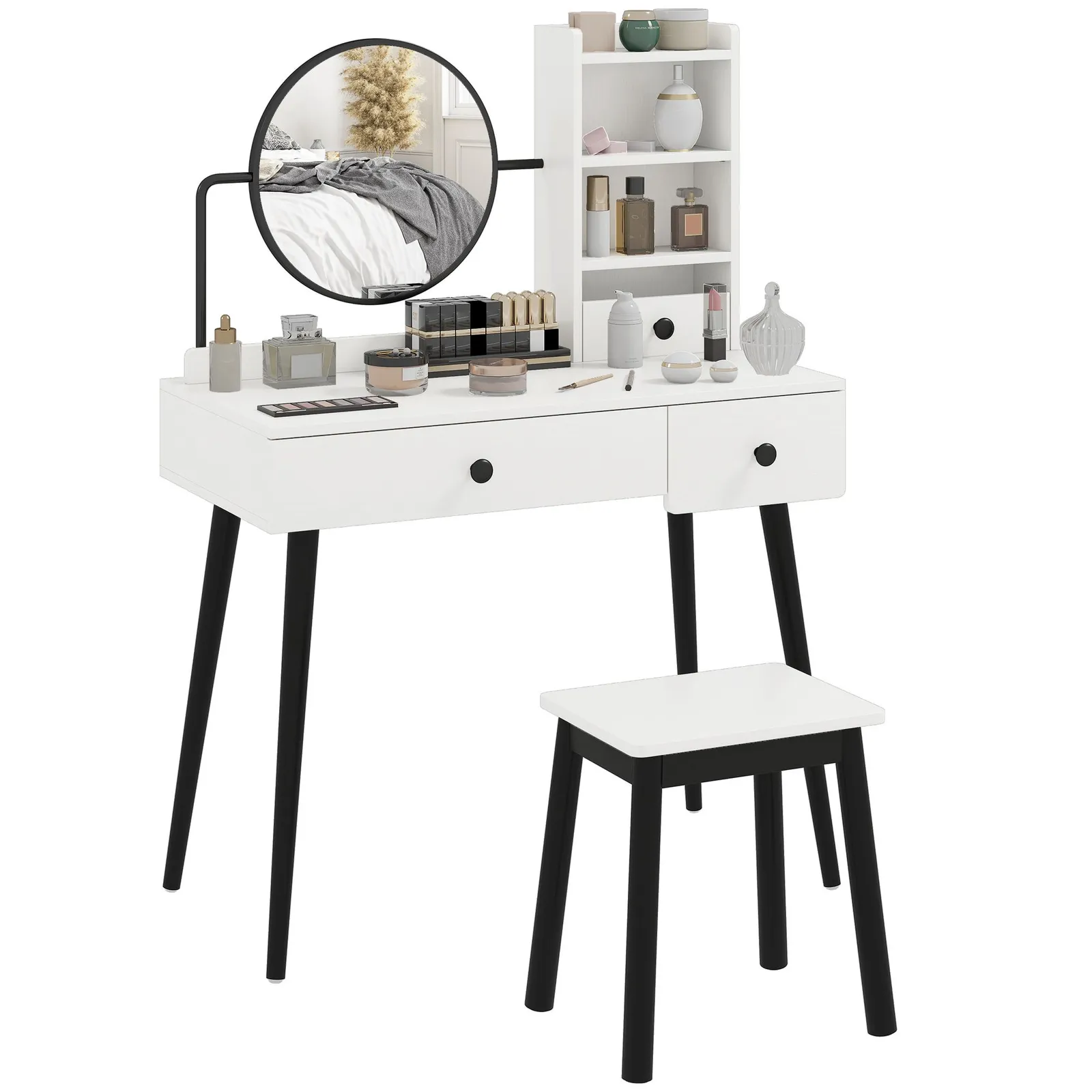 HOMCOM Dressing Table Set with 3 Drawers, Storage shelves & Stool in White 2