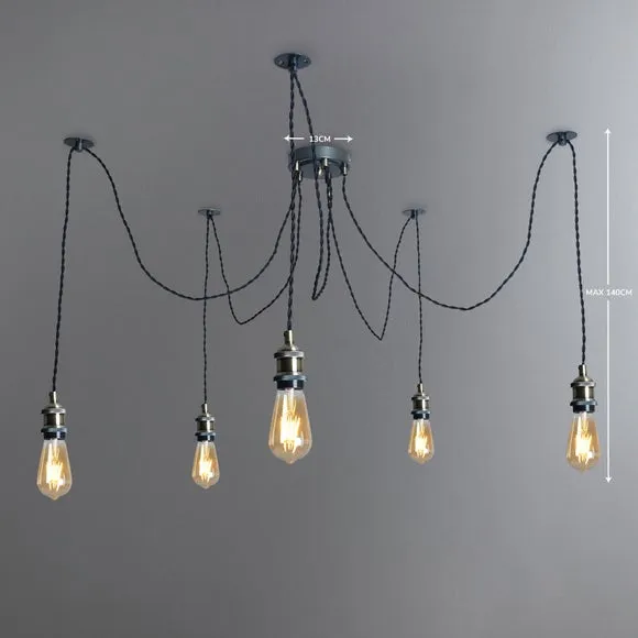 Logan 5 Light Spider Antique Brass Industrial Cluster Flex Ceiling Light 5