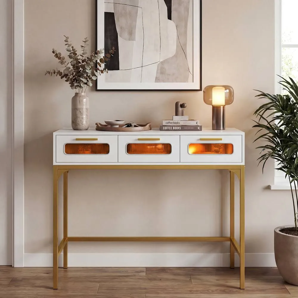 Costway Console Table w/ LED Lights & Charging Station 90cm Entryway Table in White 6