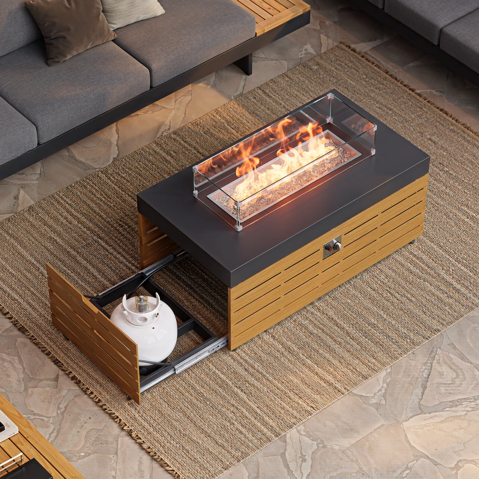 Tevara 120 cm Smokeless Rectangle Metal Propane Outdoor Fire Pit Table with Lid Cover Backyard Patio Furniture