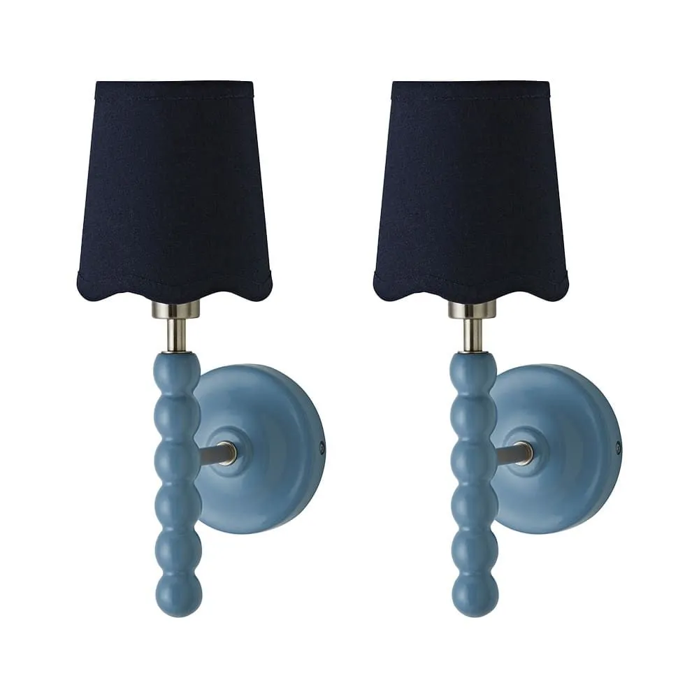 ValueLights Bobbins Pair of Blue Wall Lights & Navy Trim Lamp Shades & Bulbs in Pale Blue