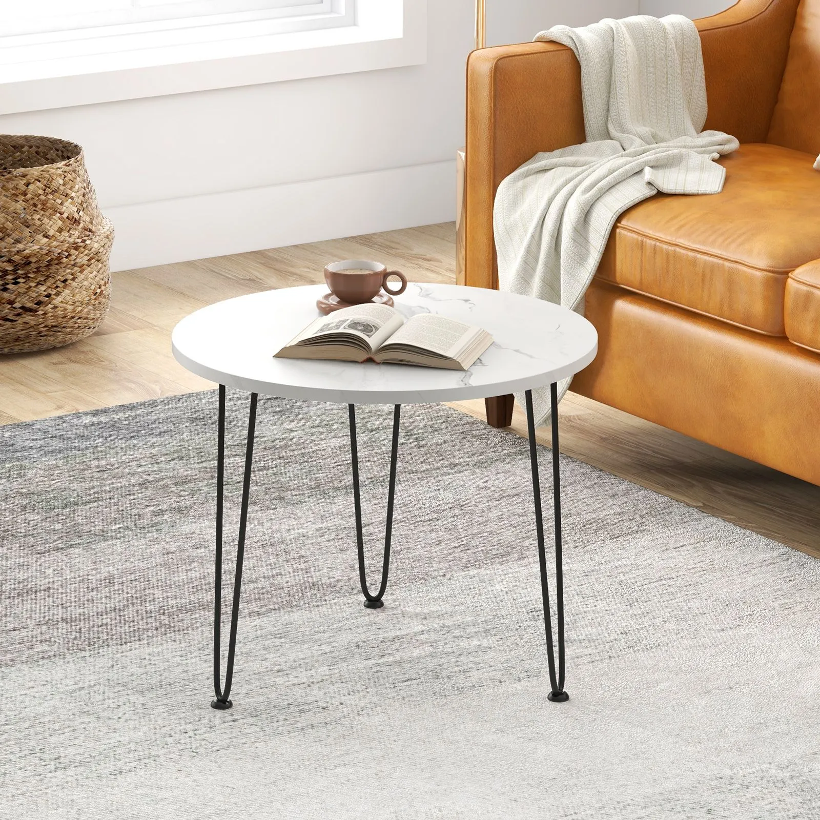 Costway Round Coffee Table Small Faux Marble Accent Table in White 3