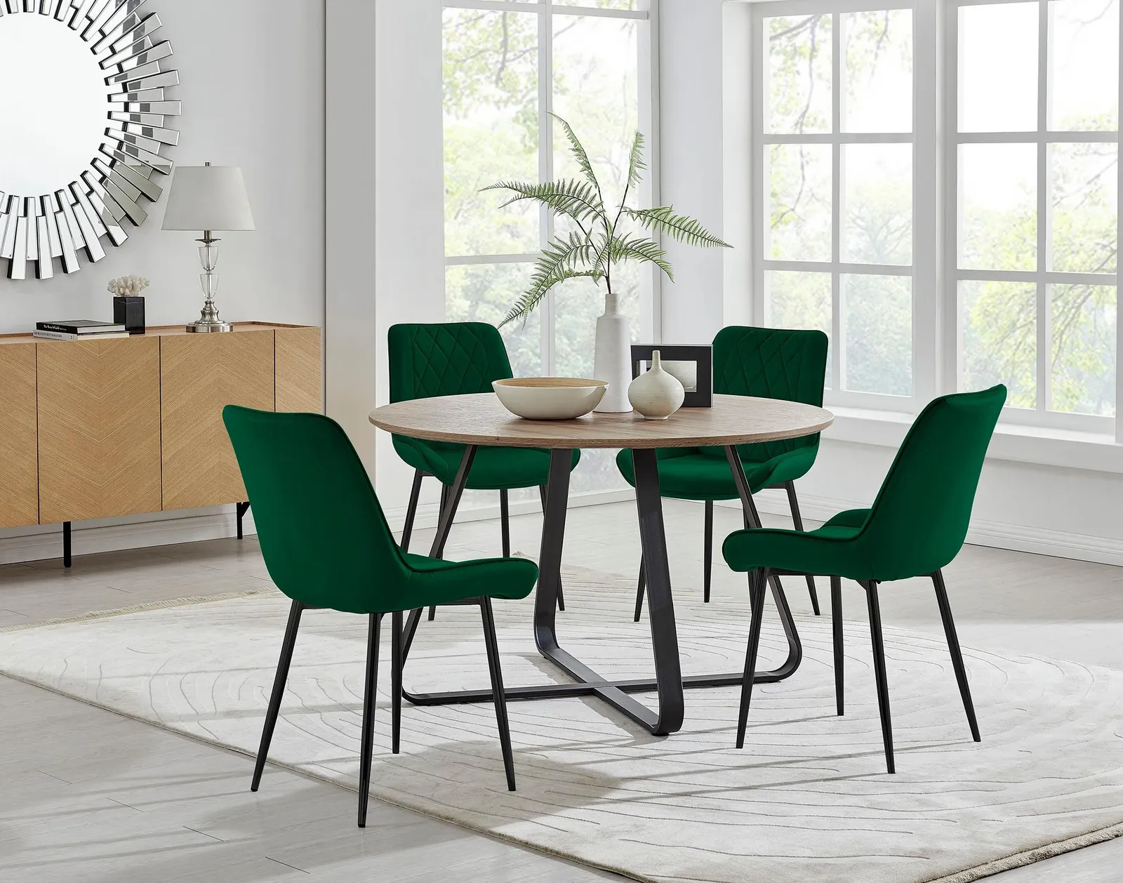 FurnitureboxUK Santorini Brown Round Dining Table & 4 Pesaro Black Leg Chairs in Green 1