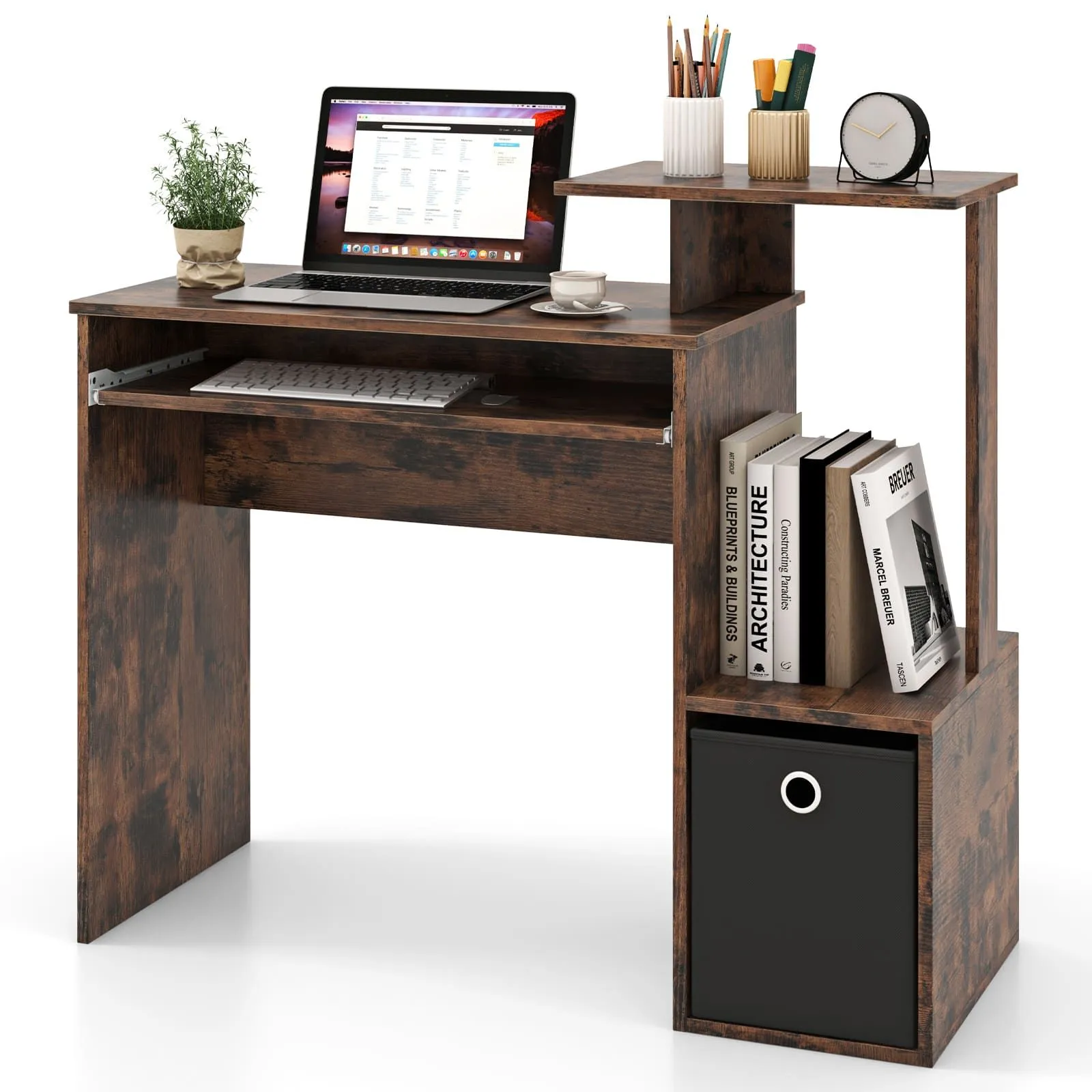 Costway Space-saving Computer Desk with Open Shelf & Fabric Storage Drawer in Brown
