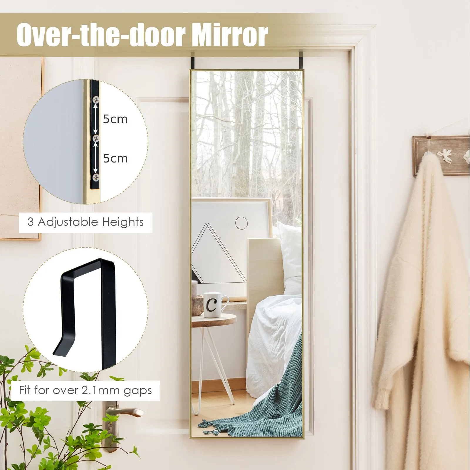 Costway 2 IN1 Full Length Mirror Over the Door Dressing Mirror Hanging Wall Mounted Mirror in Gold 5