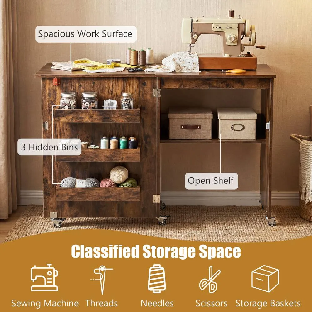 Costway Folding Sewing Table Mobile Sewing Machine Desk Rolling Craft Station in Brown 6