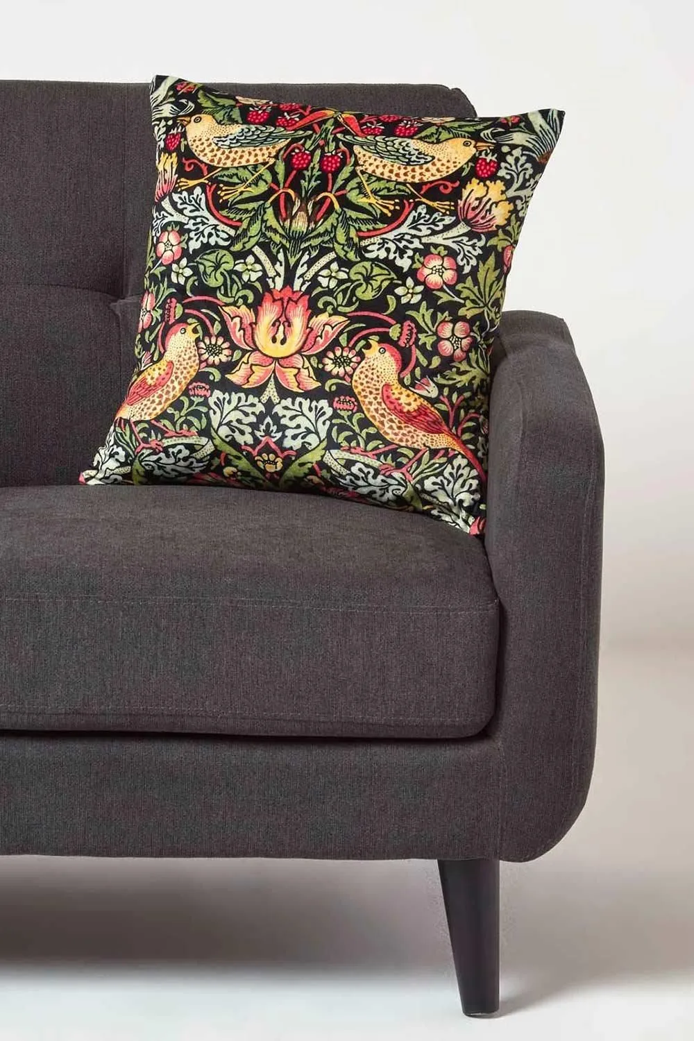 Homescapes William Morris Strawberry Thief Velvet Cushion in Black 3