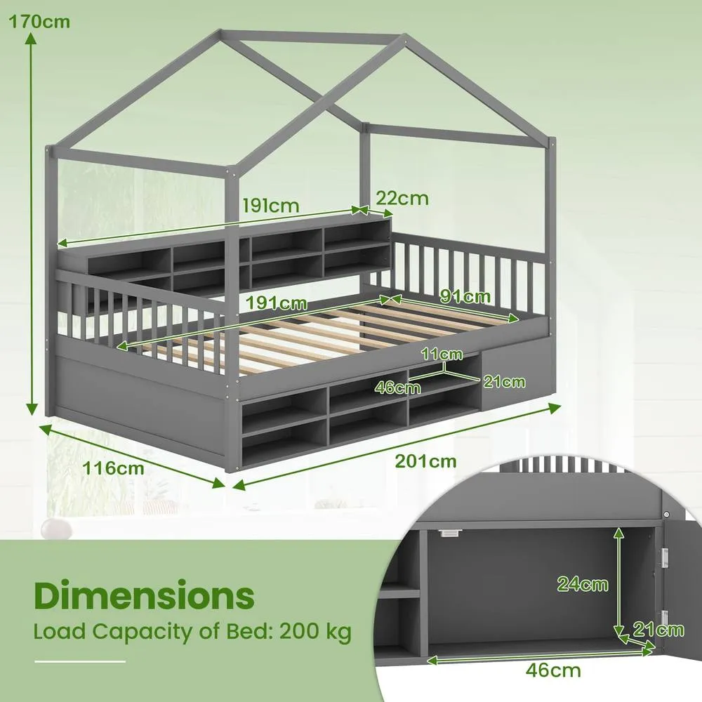 Costway Wooden Single Size House Bed with Roof & 14 Storage Cubes in Grey 2
