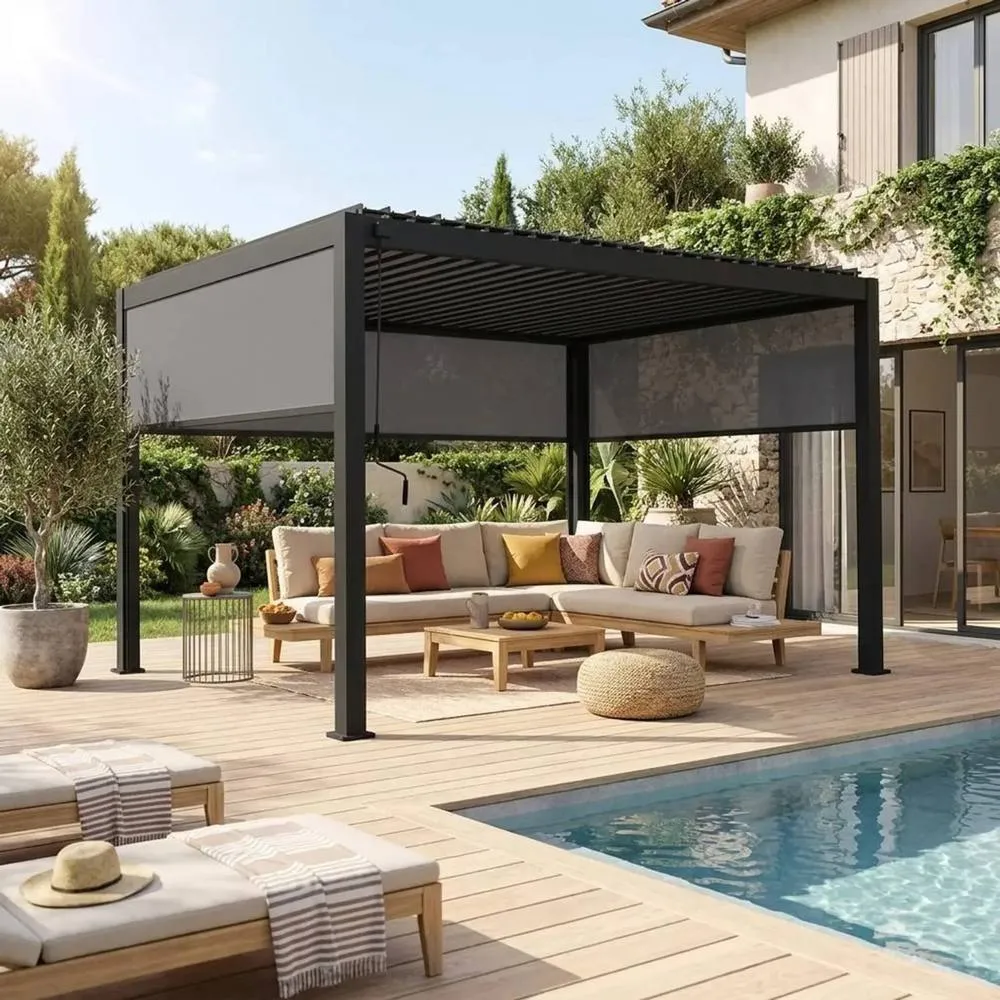sweeek Louvered pergola aluminium 4 x 3m with 2 3m blinds & a 4m blind in Dark Grey 3