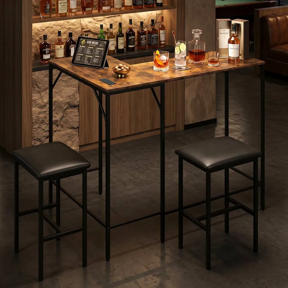 Costway 3-Piece Bar Table & Chair Set L-Shaped Table 2 AC Outlets in Brown 5