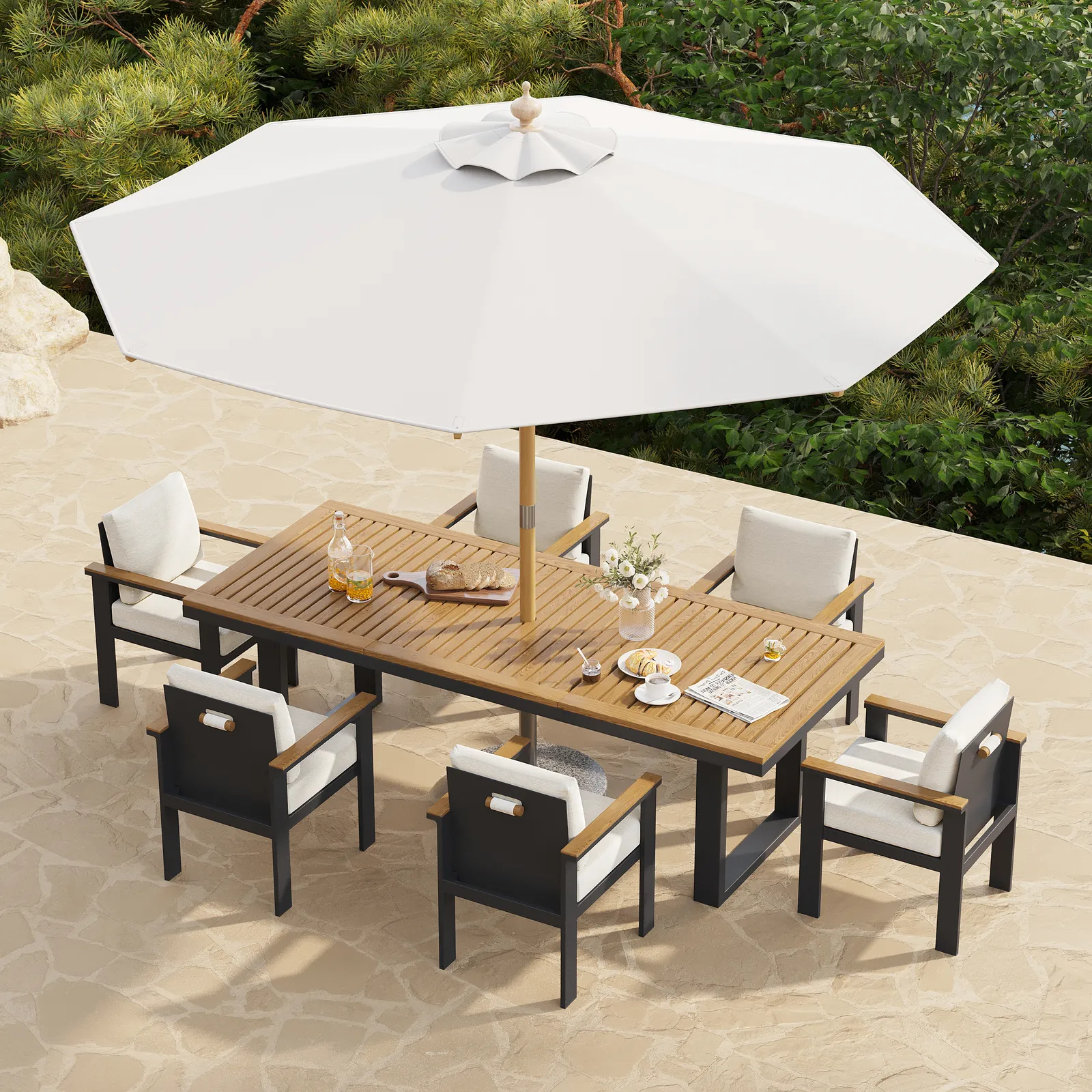 8 Pieces Rectangle Wood & Aluminium Outdoor Patio Dining Set with Central Pillar Umbrella