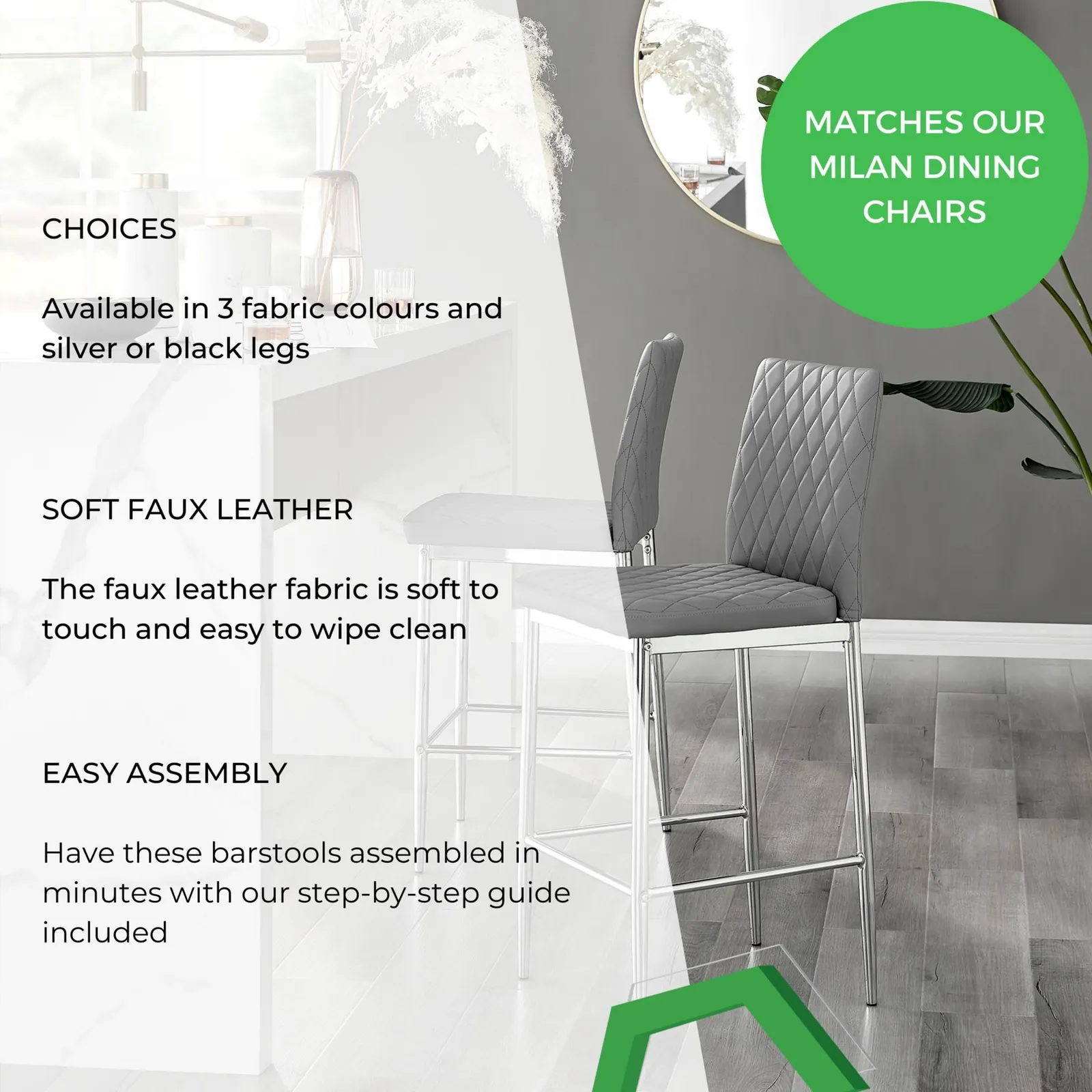 FurnitureboxUK Set of 2 Milan Hatched Faux Leather Padded Counter Stools With Black Metal Legs in Grey 6