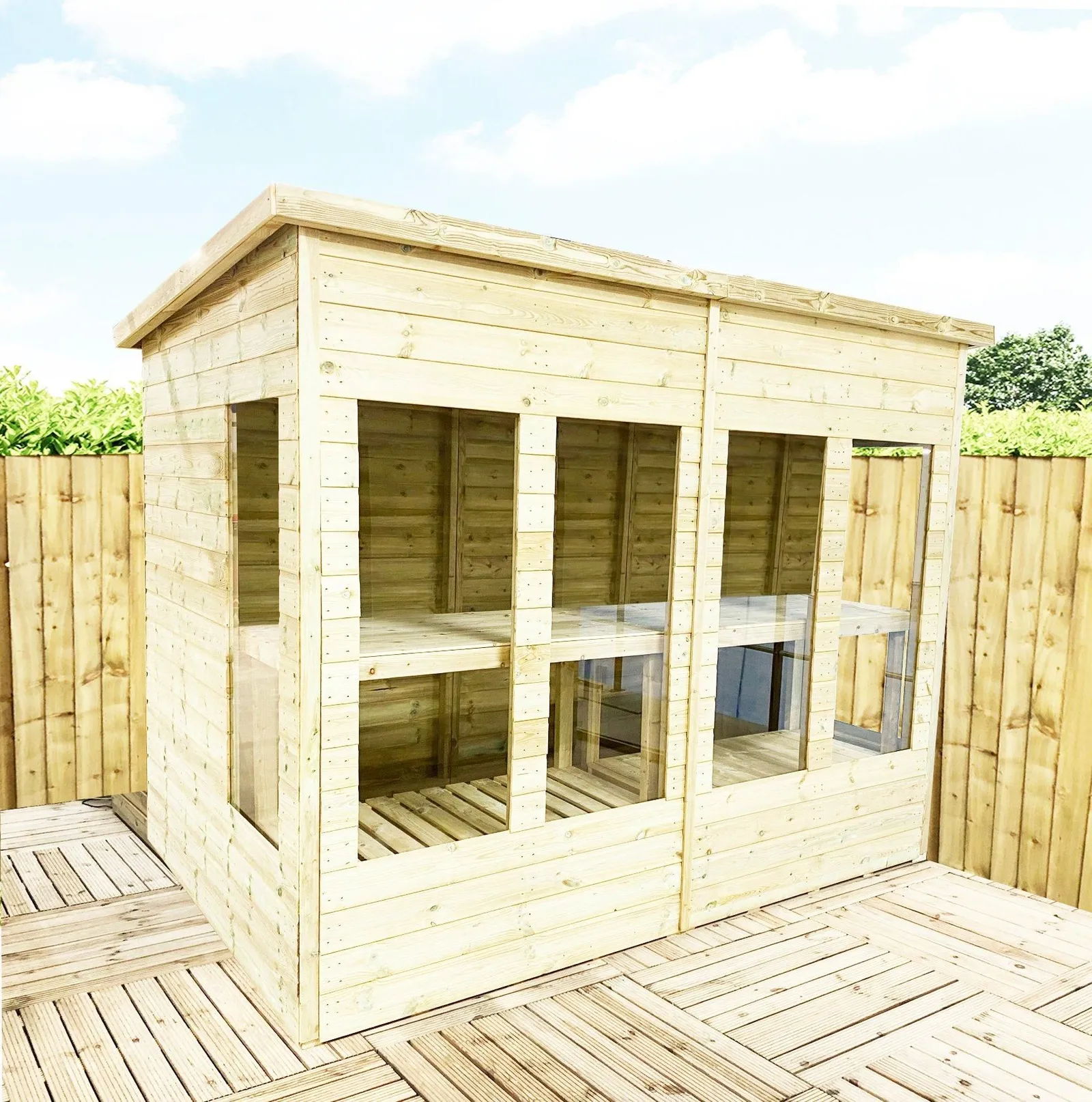 Marlborough 12 x 5 Pressure Treated Wooden Pent Potting Greenhouse & Bench in Natural 2