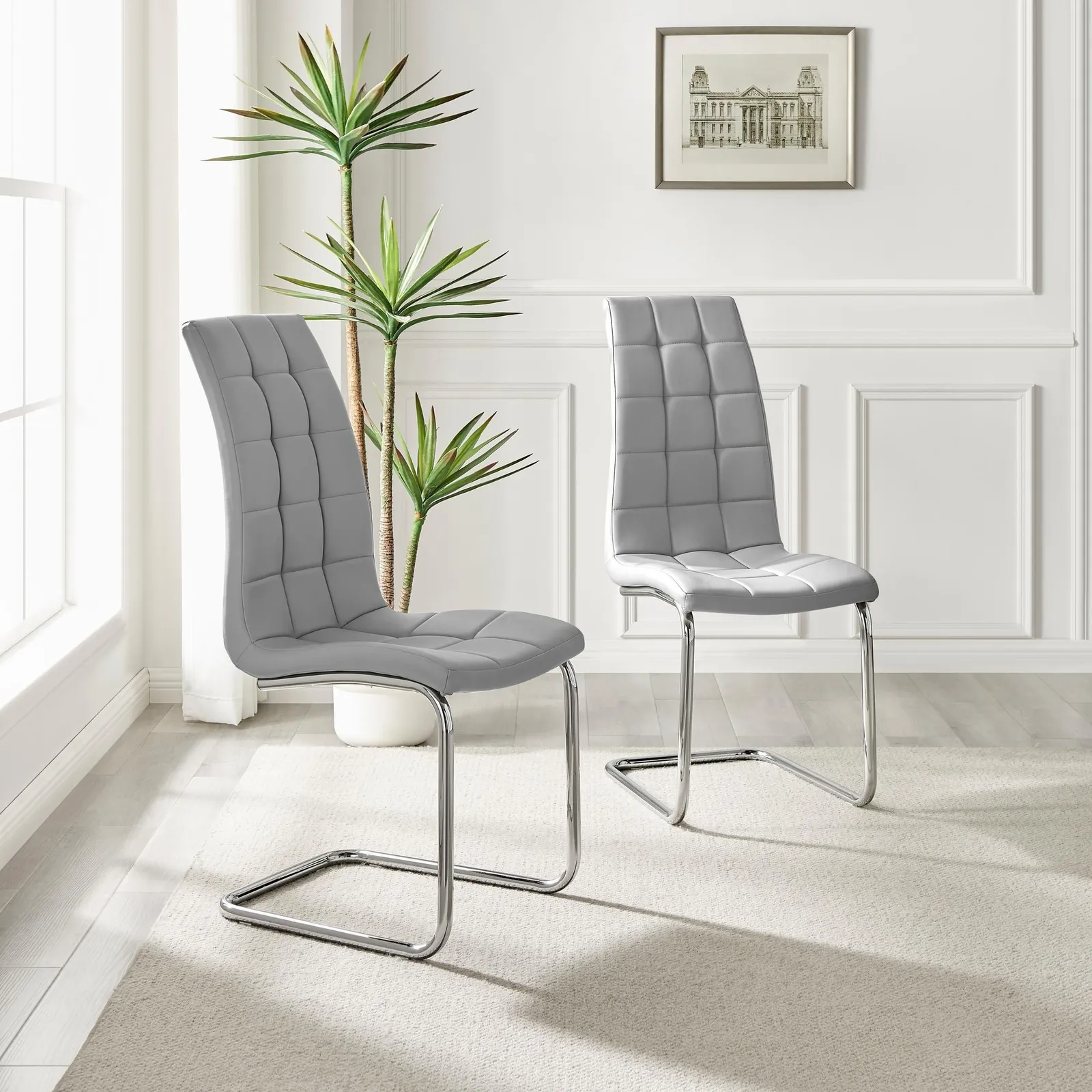 FurnitureboxUK Set of 2 Murano Deep Cushioned Soft Touch Faux Leather Dining Chairs With Silver Chrome Metal Legs in Grey 2
