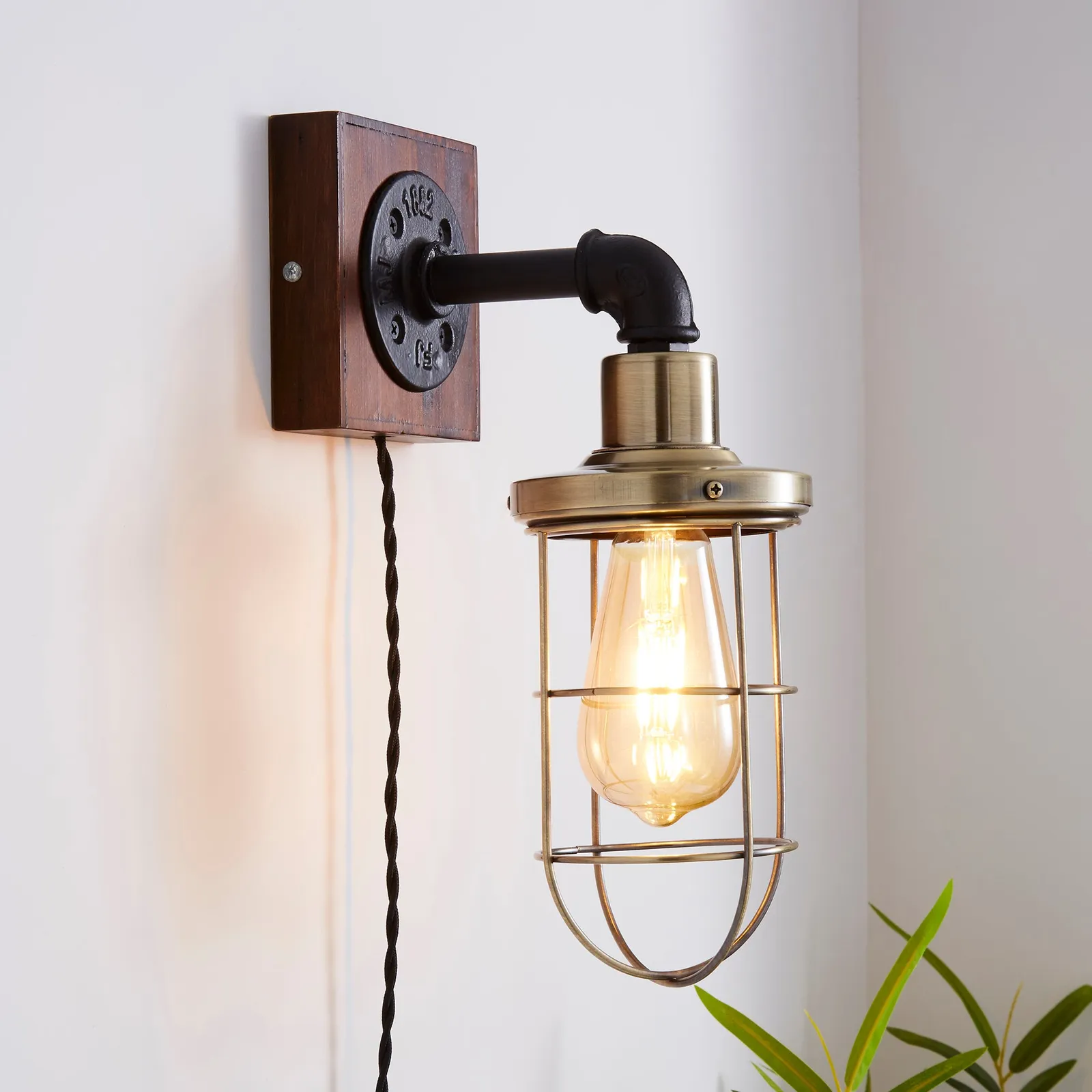 Milas Pipe Industrial Easy Fit Plug In Wall Light Black Black