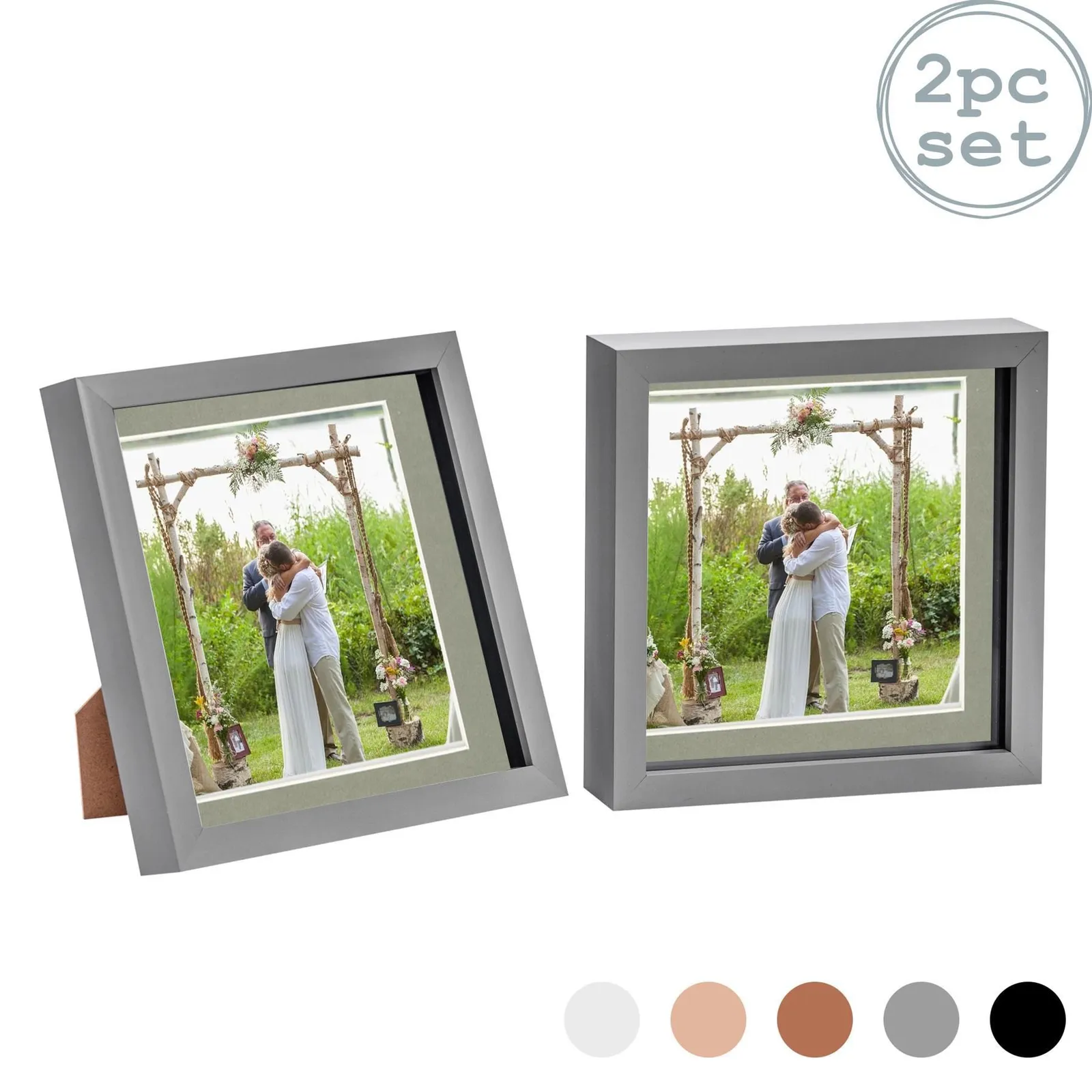 Nicola Spring 3D Box Photo Frames - 8 x 8" with 6 x 6" Mount - White Mount - Pack of 2 in Grey