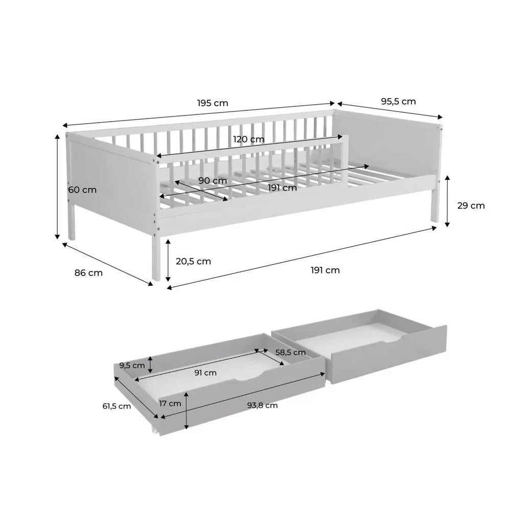 sweeek Children's bed 90 x 190 cm natural pine with slatted base & 2 in White 5