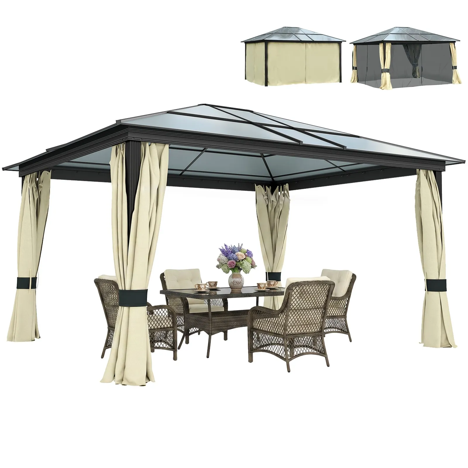 OUTSUNNY 4 x 3.6m Hardtop Gazebo Canopy with Roof & Aluminium Frame in Black 2