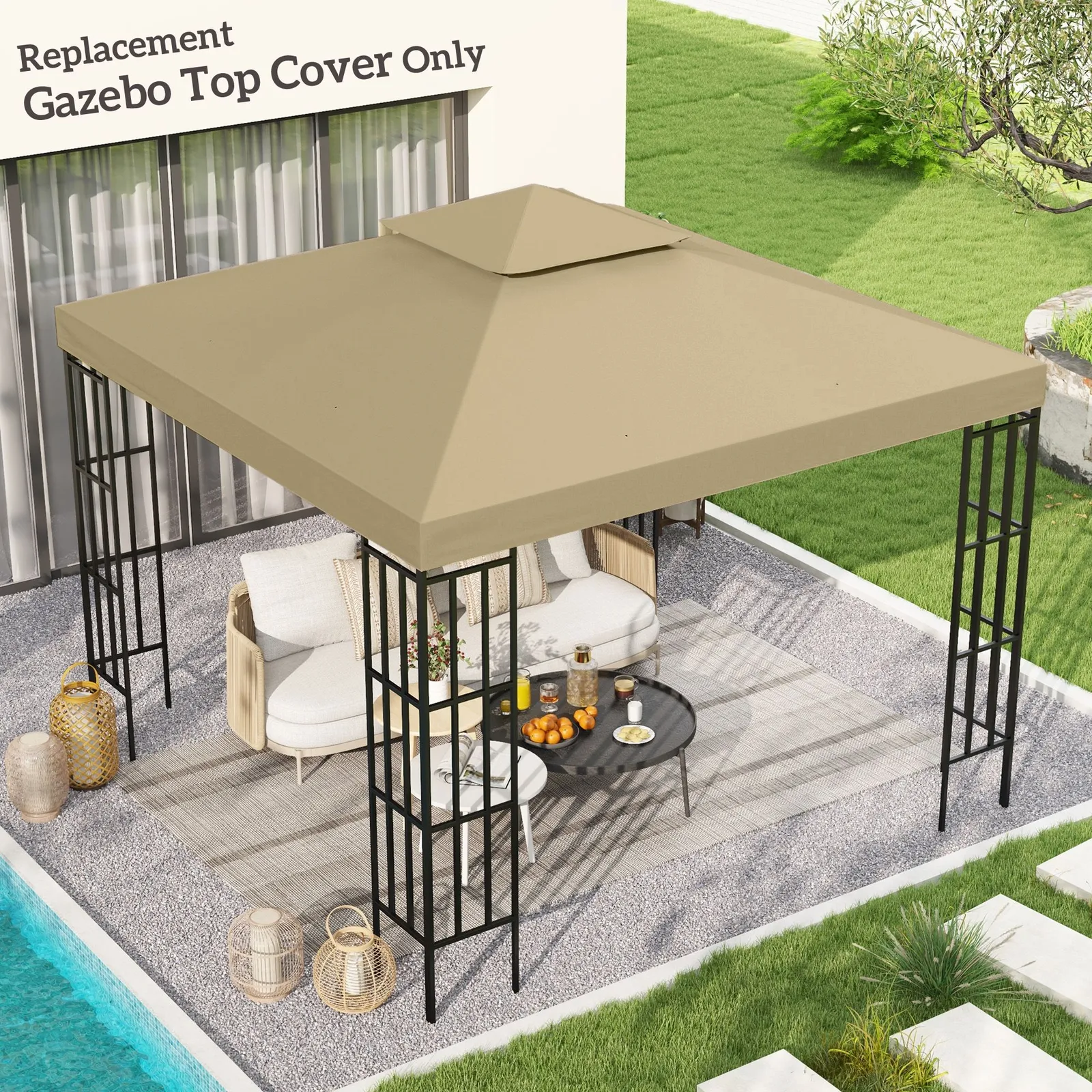 OUTSUNNY 3(m) 2 Tier Garden Gazebo Top Cover Replacement Canopy Roof in Beige 1