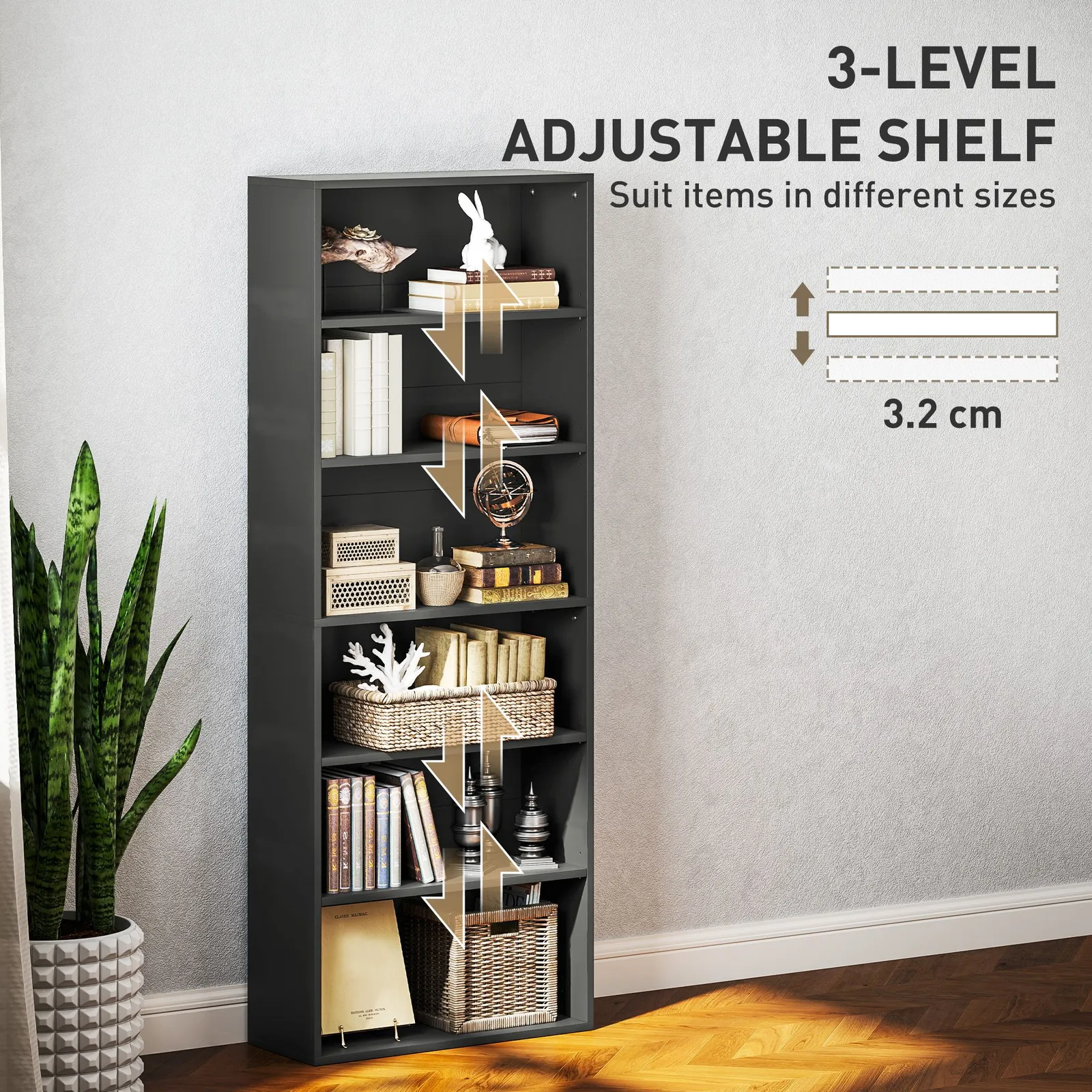 HOMCOM 6 Tier Bookshelf, Freestanding Bookcase with Adjustable Shelves, Black 6