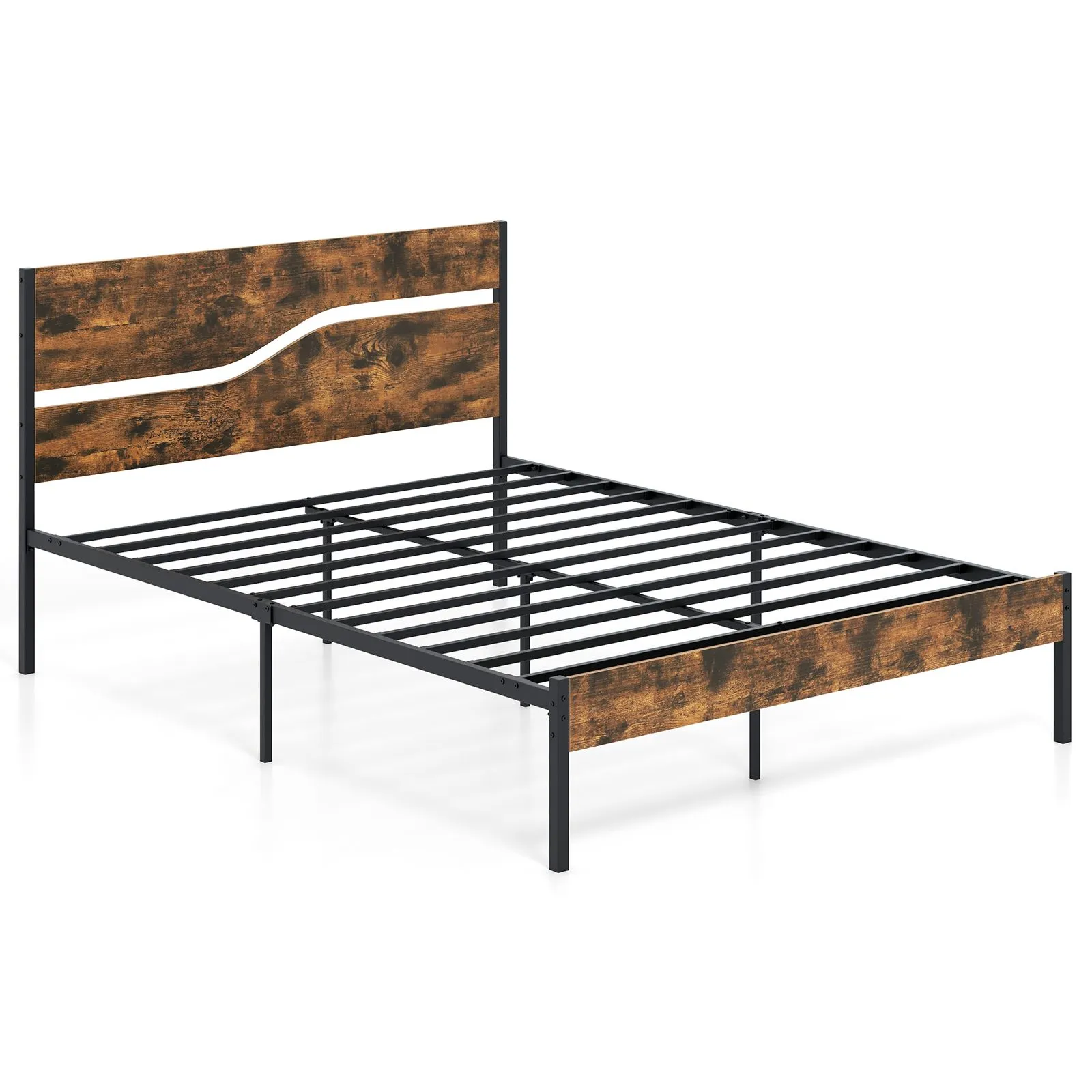 Costway King Metal Bed Frame Industrial Platform Bed w/ Wooden Headboard in Brown