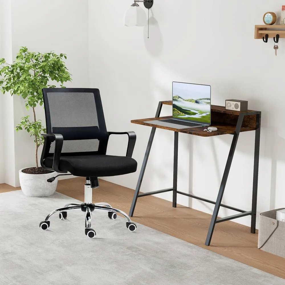 HOMCOM Mesh Chair & Study Desk with Storage Shelf, Rustic Brown & Grey