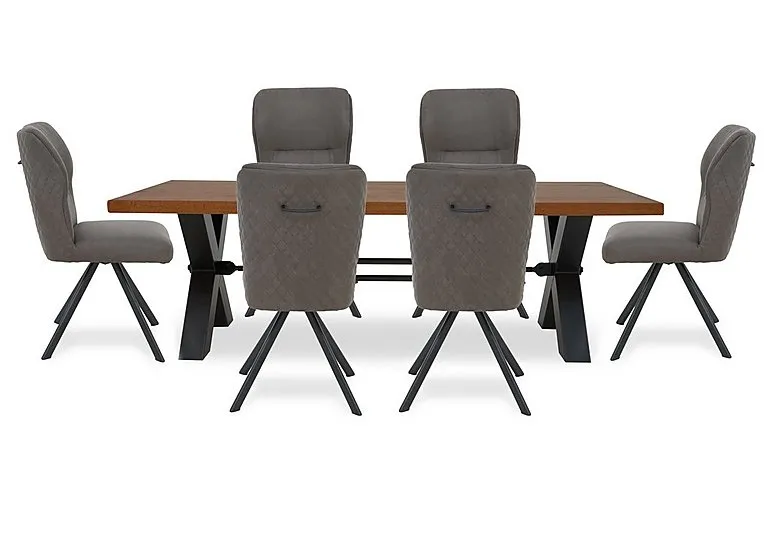 Terra Straight Edge Dining Table with Tension Bolt X-Leg and 6 Steel Fabric Swivel Chairs - 220-cm - Old Bassano