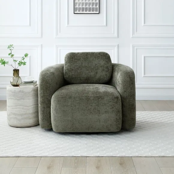 Max Olive Distressed Chenille Curved Swivel Accent Chair 2