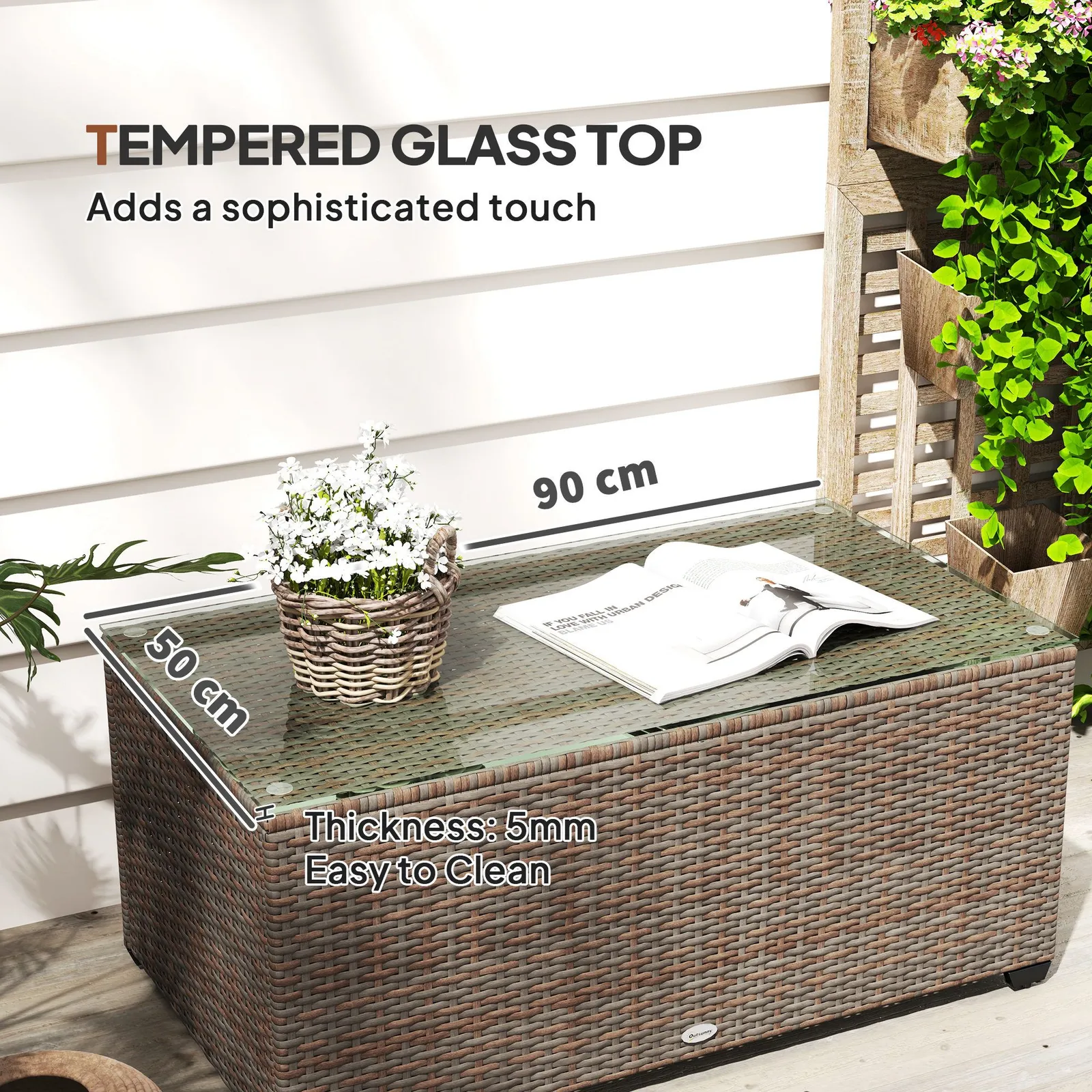 OUTSUNNY Outdoor Coffee Table, Glass Top Rattan Side Table, Brown 6