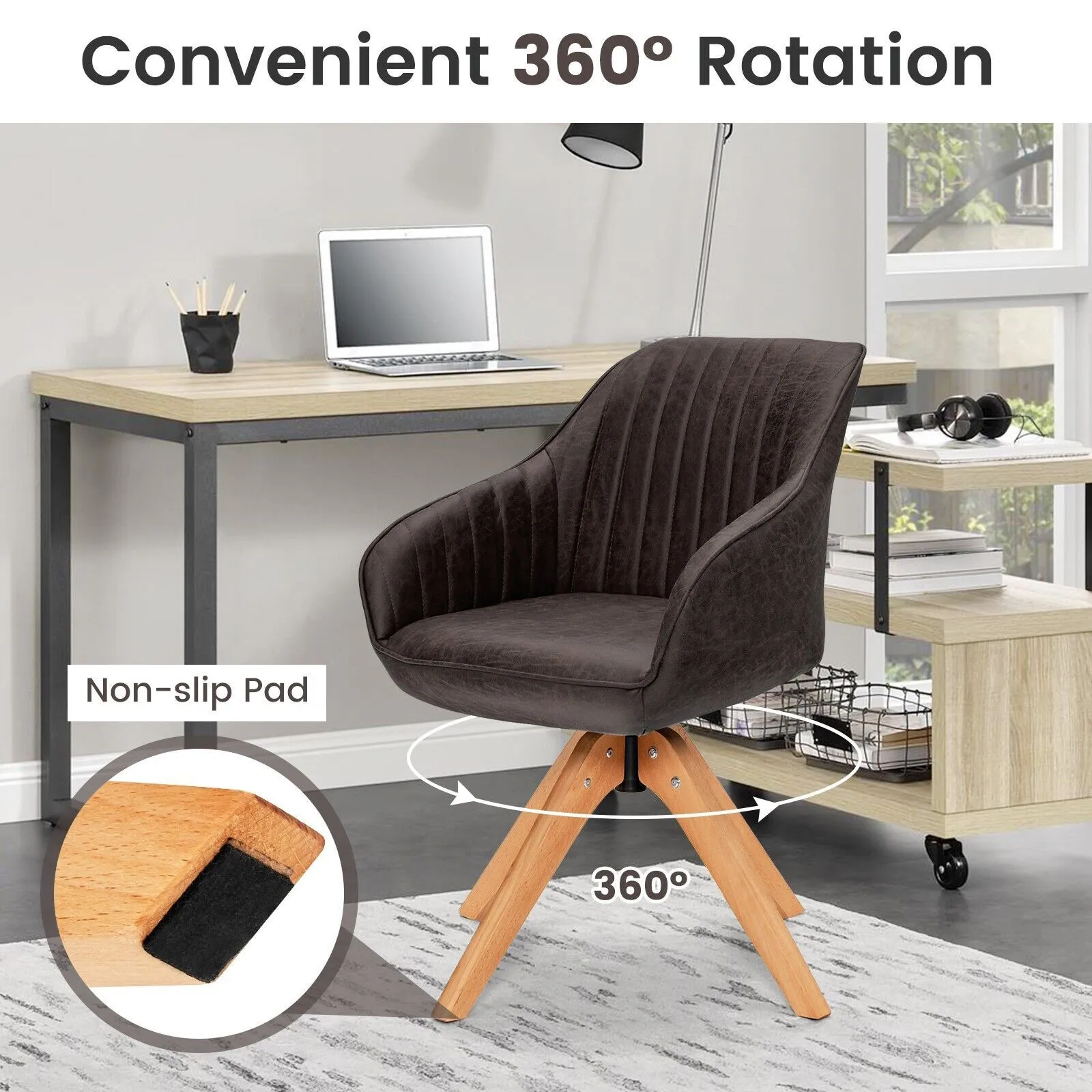 Costway Set of 2 Swivel Accent Chair Ergonomic Armchairs Writing Desk Chairs in Brown 6