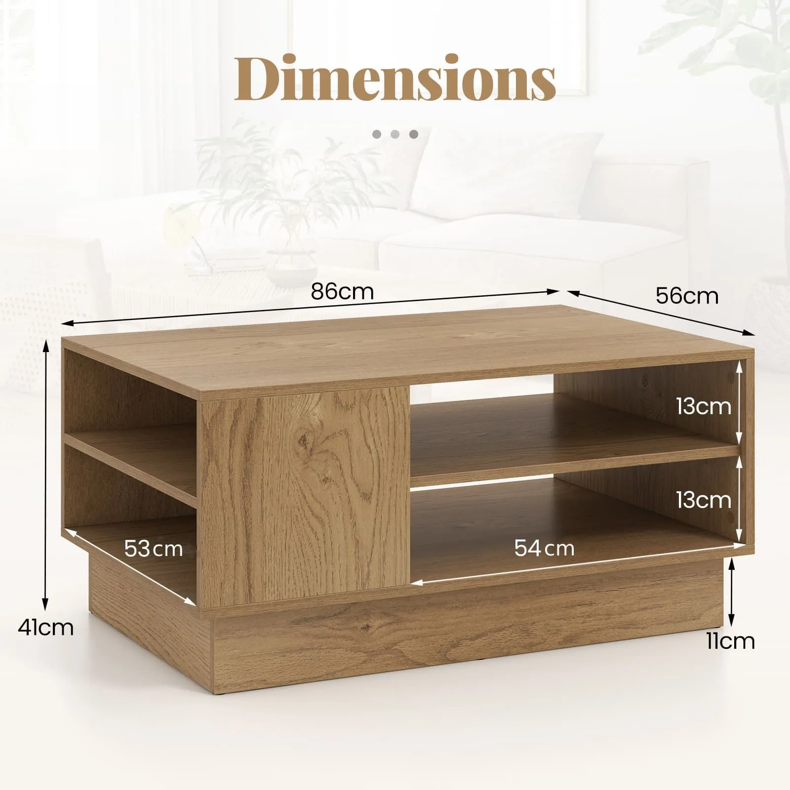 Costway Modern Coffee Table 86cm Long Rectangle Center Table w/ Shelves in Natural 2