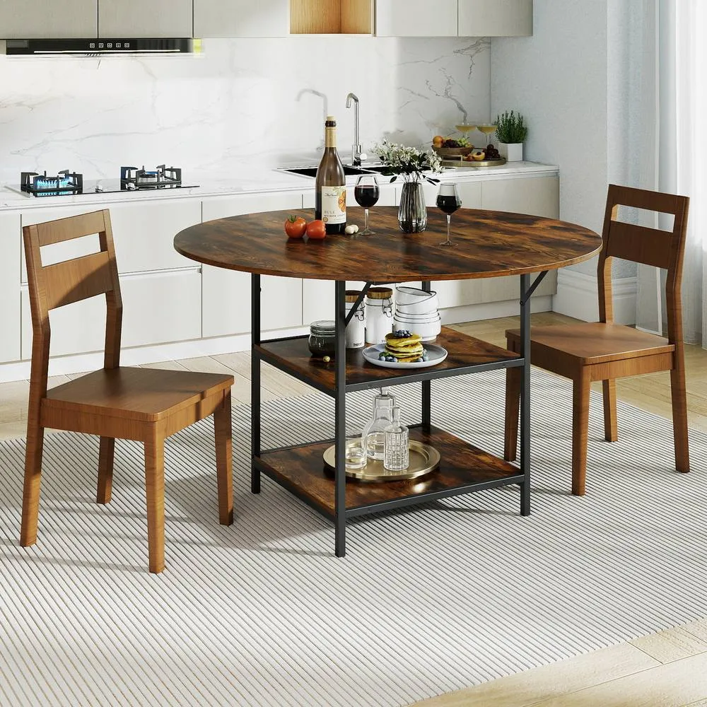 Costway 120 CM Round Dining Table Modern Kitchen Table w/ 2 Storage Shelf in Brown 3