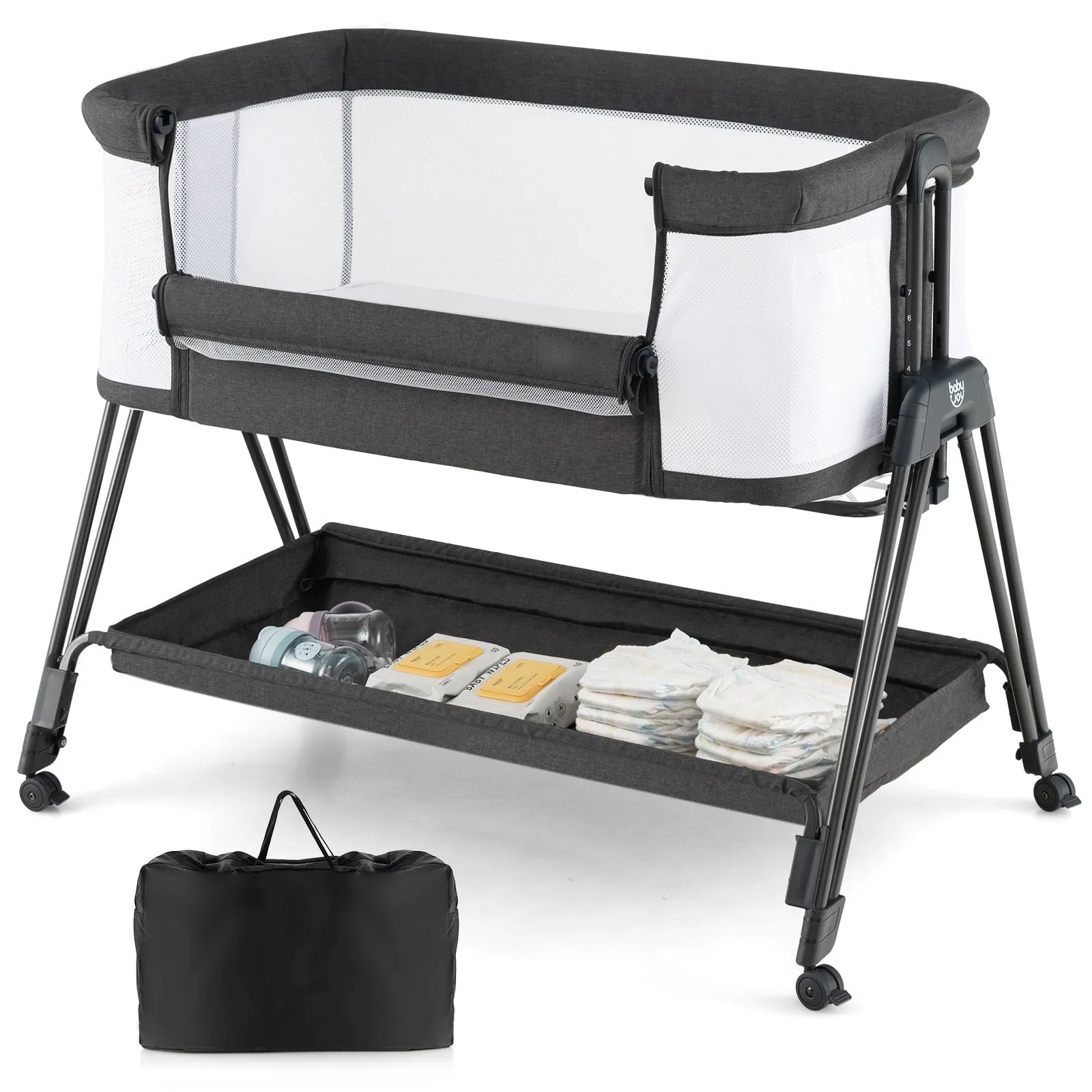 Costway Baby Bedside Crib Folding Sleeper Bassinet Cot Bed Portable 7 Adjustable Heights in Grey