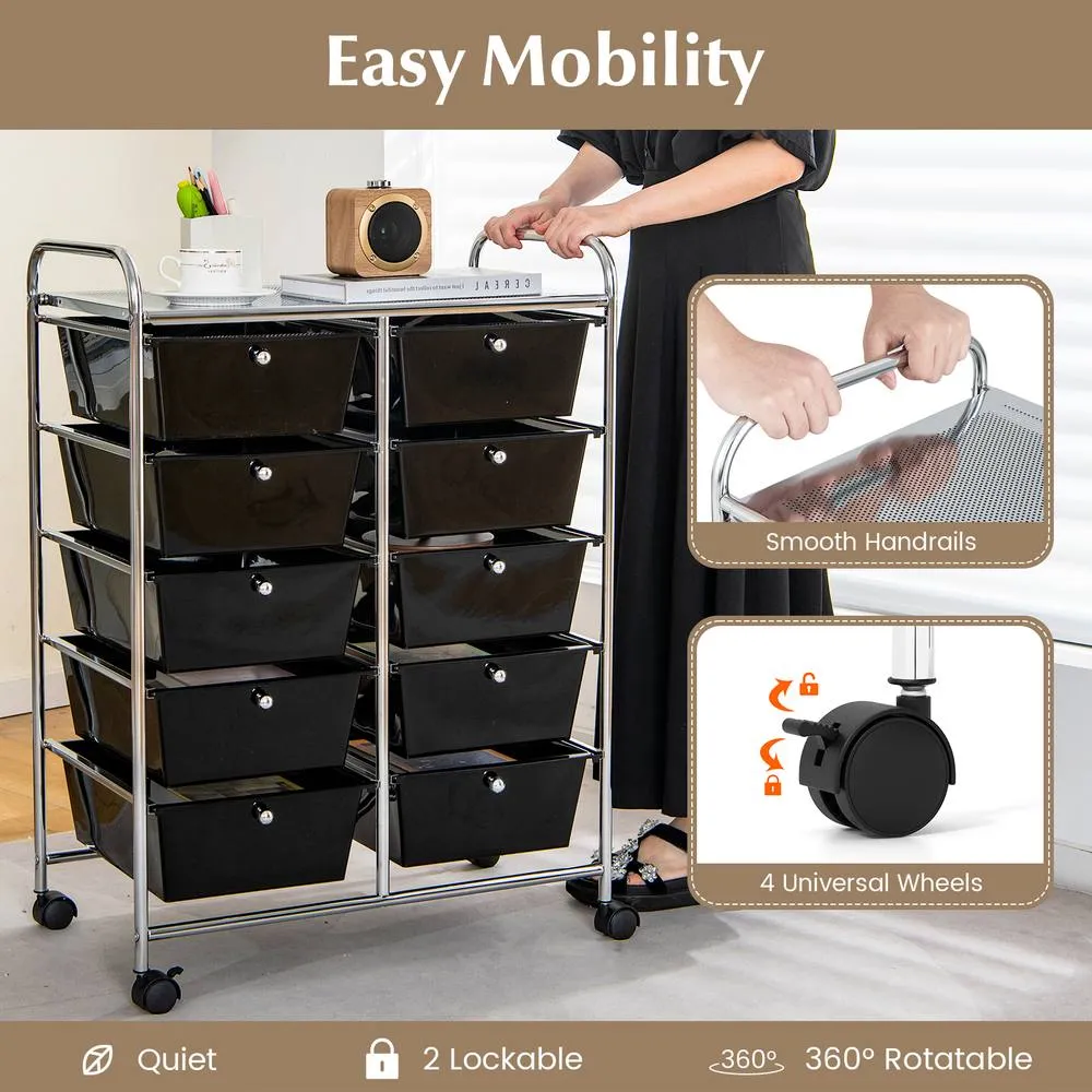 Costway 10 Drawers Storage Trolley Mobile Rolling Utility Cart Home Office Organizer in Black 3
