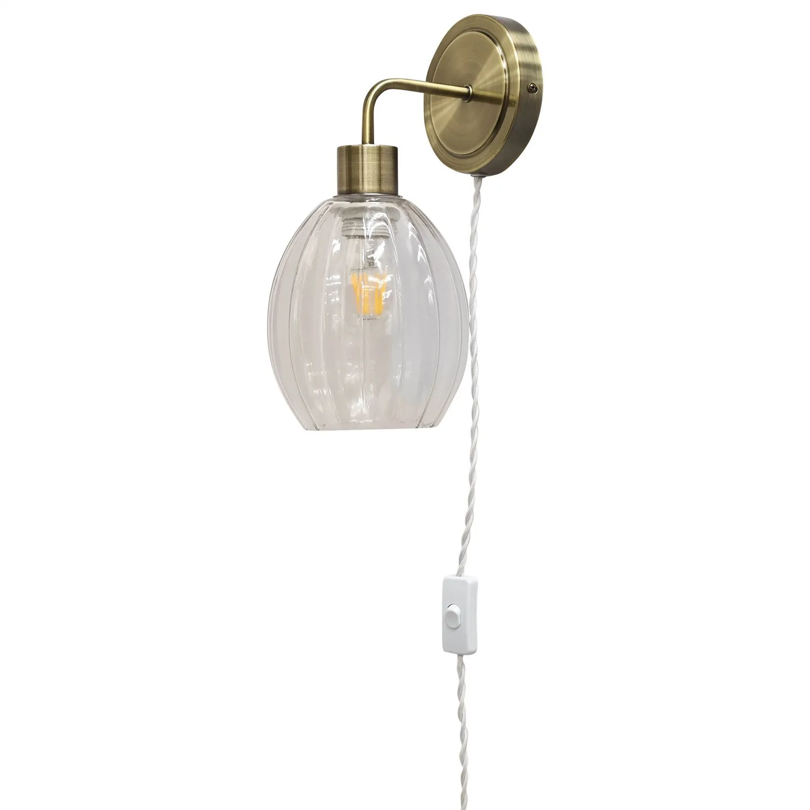 First Choice Lighting Set of 2 Toby - Antique Brass Plug in Wall Lights Fluted Shades in Gold 2