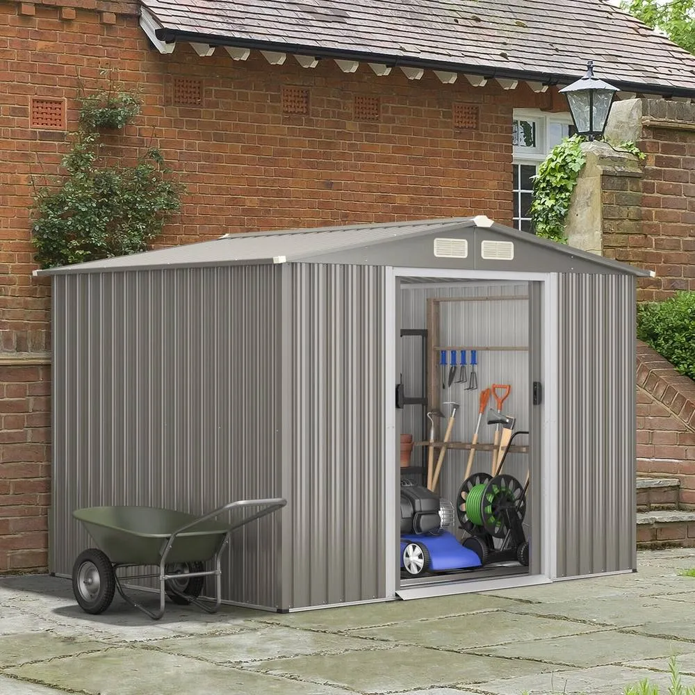 Costway 260×207cm Steel Outdoor Storage Shed Double Doors Ramp Grey 5