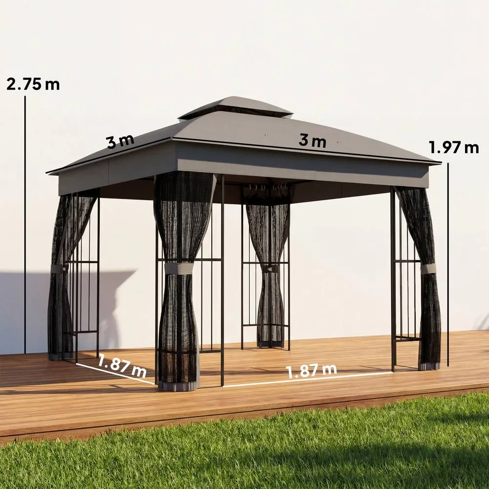 OUTSUNNY 3 x 3 m Garden Gazebo with Shelves, UPF50+ Permanent Gazebo in Grey 3